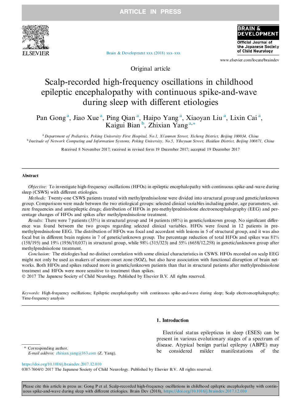 نوسانات با فرکانس بالا در ناحیه ساق پا در بیماران مبتلا به انسفالوپاتی صرعی در دوران کودکی همراه با موج پیوندی مداوم در طول خواب با علل مختلف 