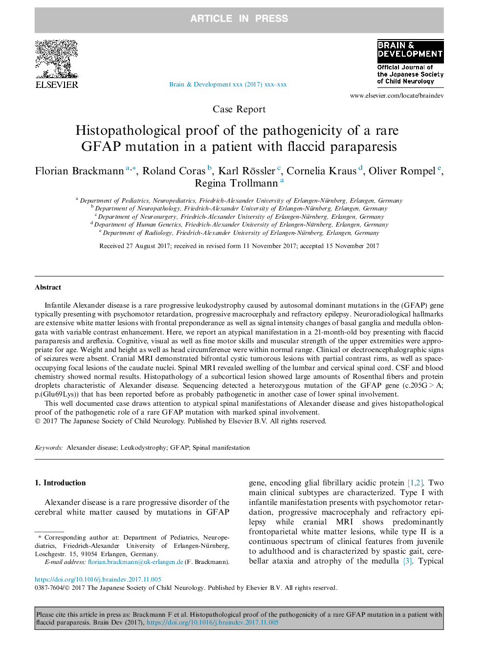 Histopathological proof of the pathogenicity of a rare GFAP mutation in a patient with flaccid paraparesis