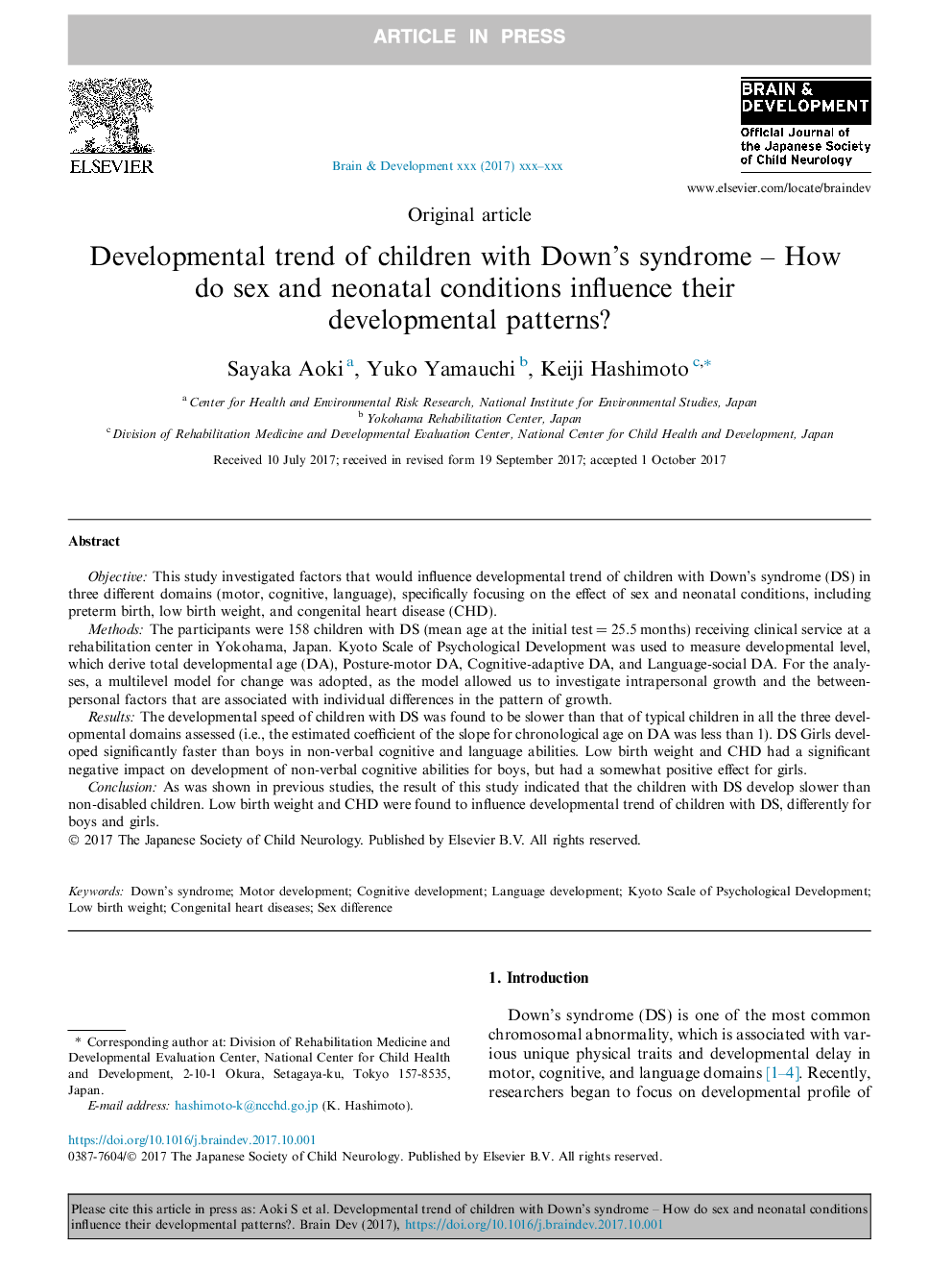 Developmental trend of children with Down's syndrome - How do sex and neonatal conditions influence their developmental patterns?