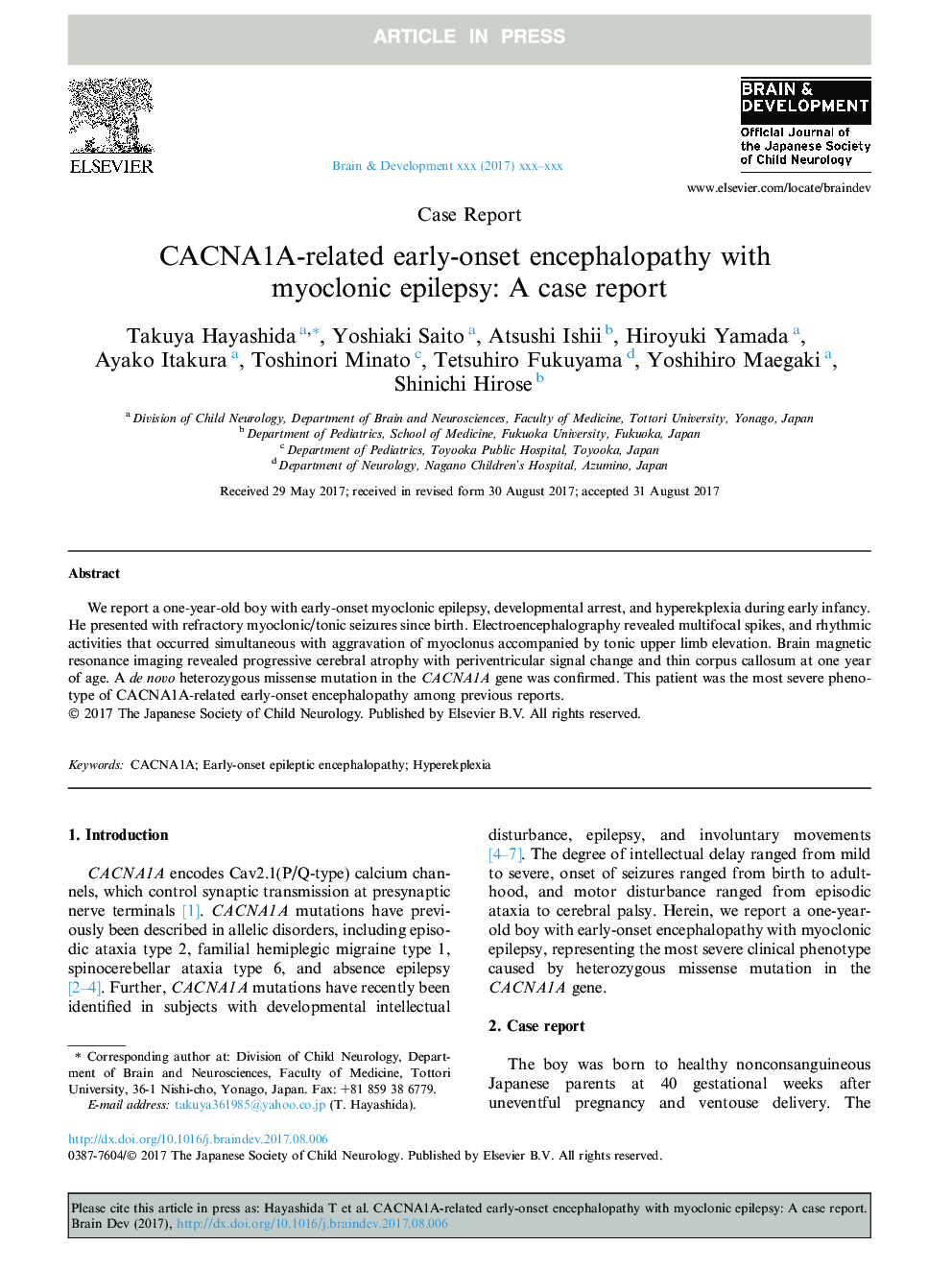 CACNA1A-related early-onset encephalopathy with myoclonic epilepsy: A case report