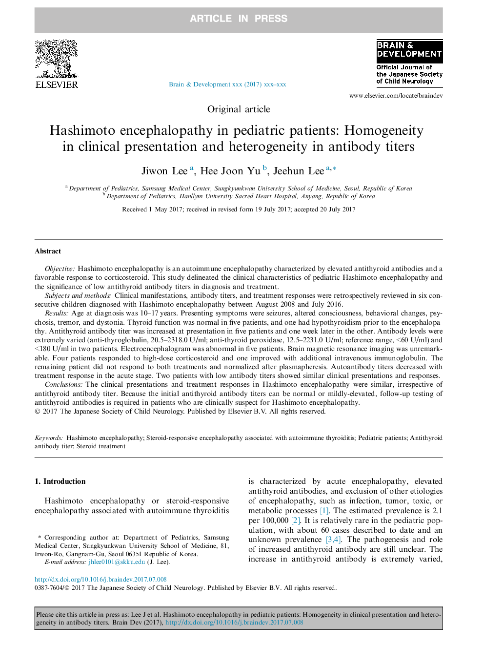 Hashimoto encephalopathy in pediatric patients: Homogeneity in clinical presentation and heterogeneity in antibody titers