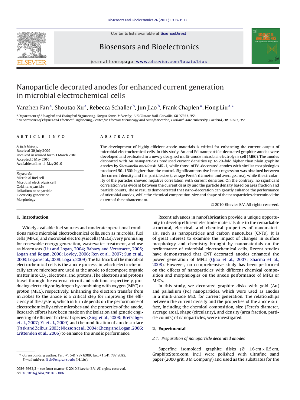 Nanoparticle decorated anodes for enhanced current generation in microbial electrochemical cells