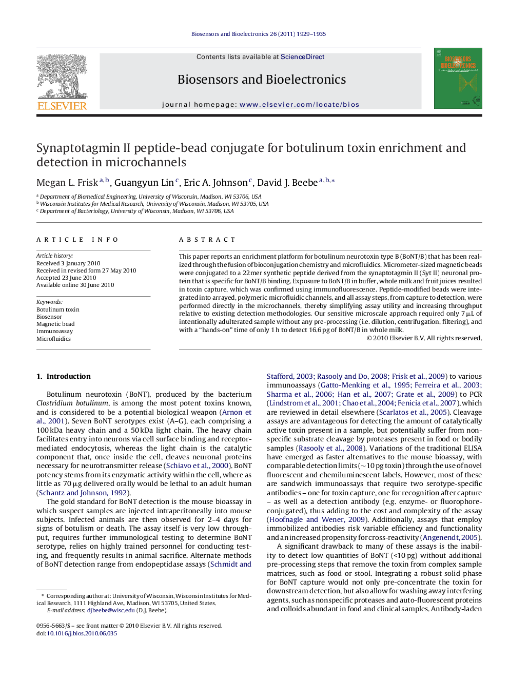 Synaptotagmin II peptide-bead conjugate for botulinum toxin enrichment and detection in microchannels