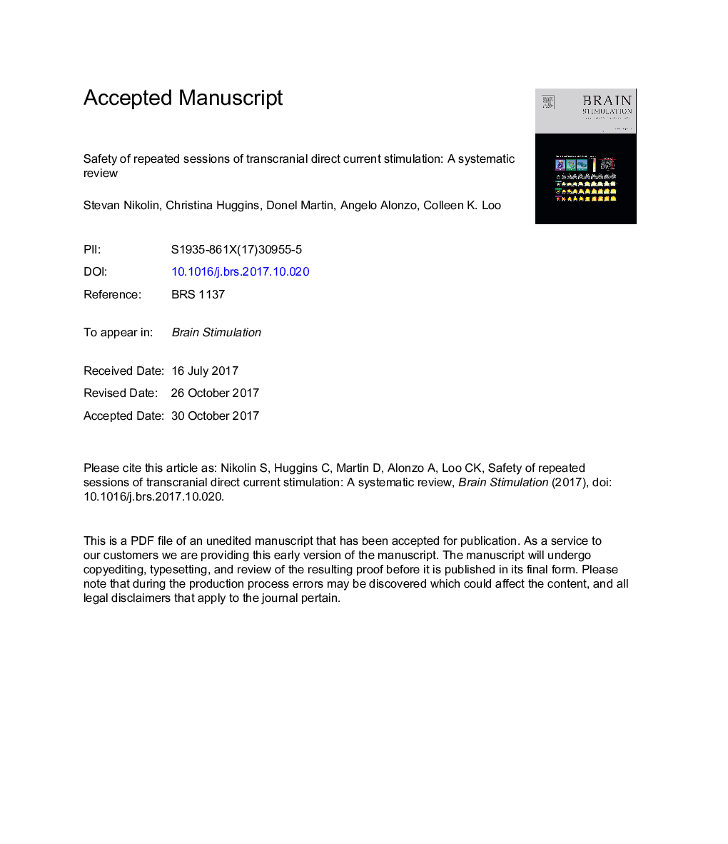 Safety of repeated sessions of transcranial direct current stimulation: A systematic review