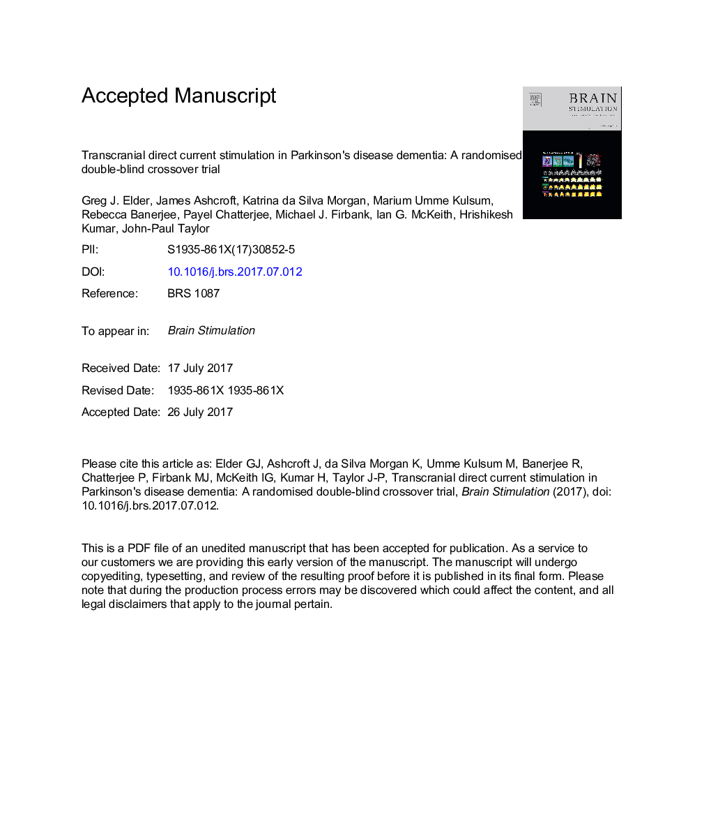 Transcranial direct current stimulation in Parkinson's disease dementia: A randomised double-blind crossover trial