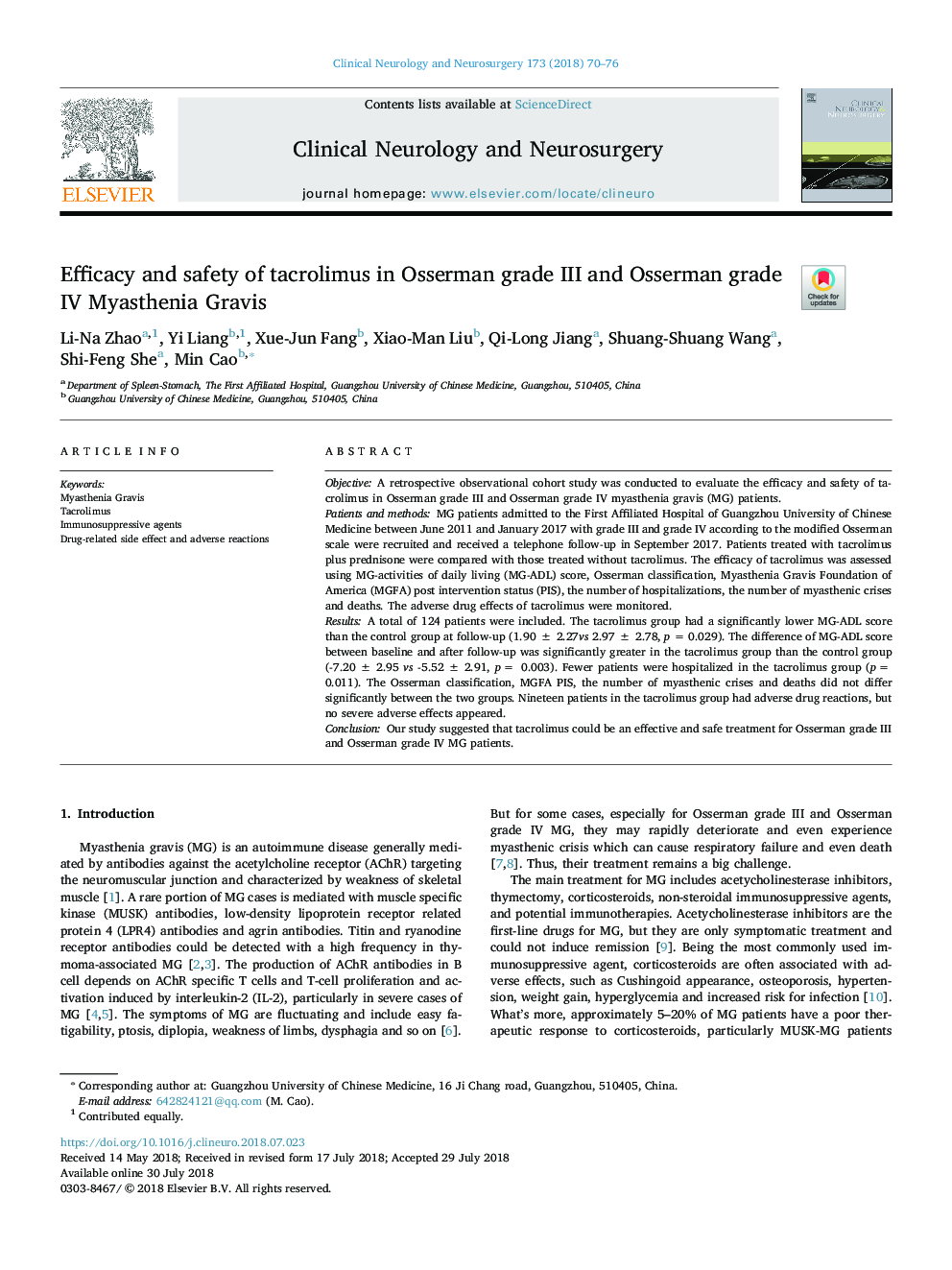 Efficacy and safety of tacrolimus in Osserman grade III and Osserman grade IV Myasthenia Gravis