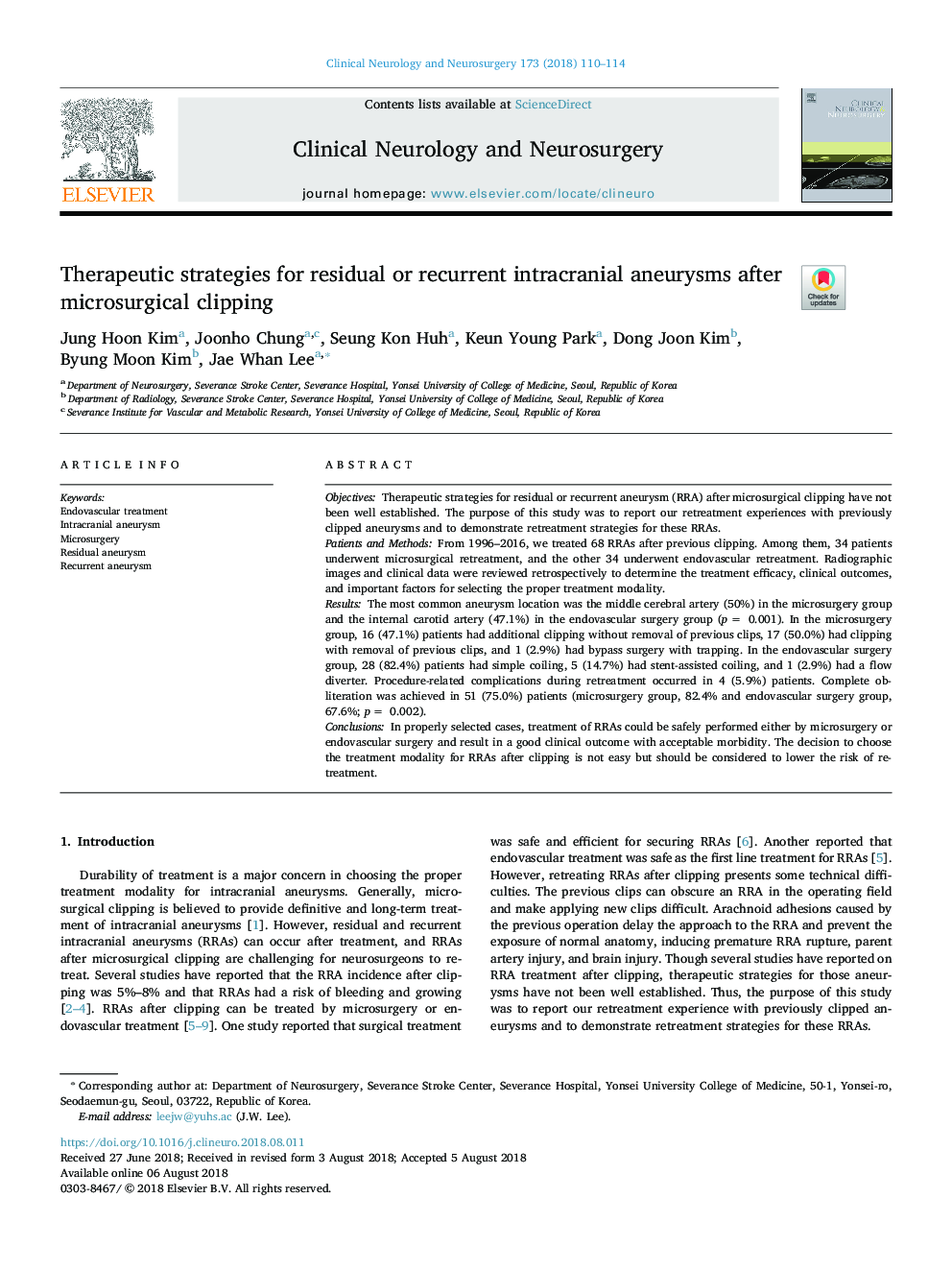 Therapeutic strategies for residual or recurrent intracranial aneurysms after microsurgical clipping