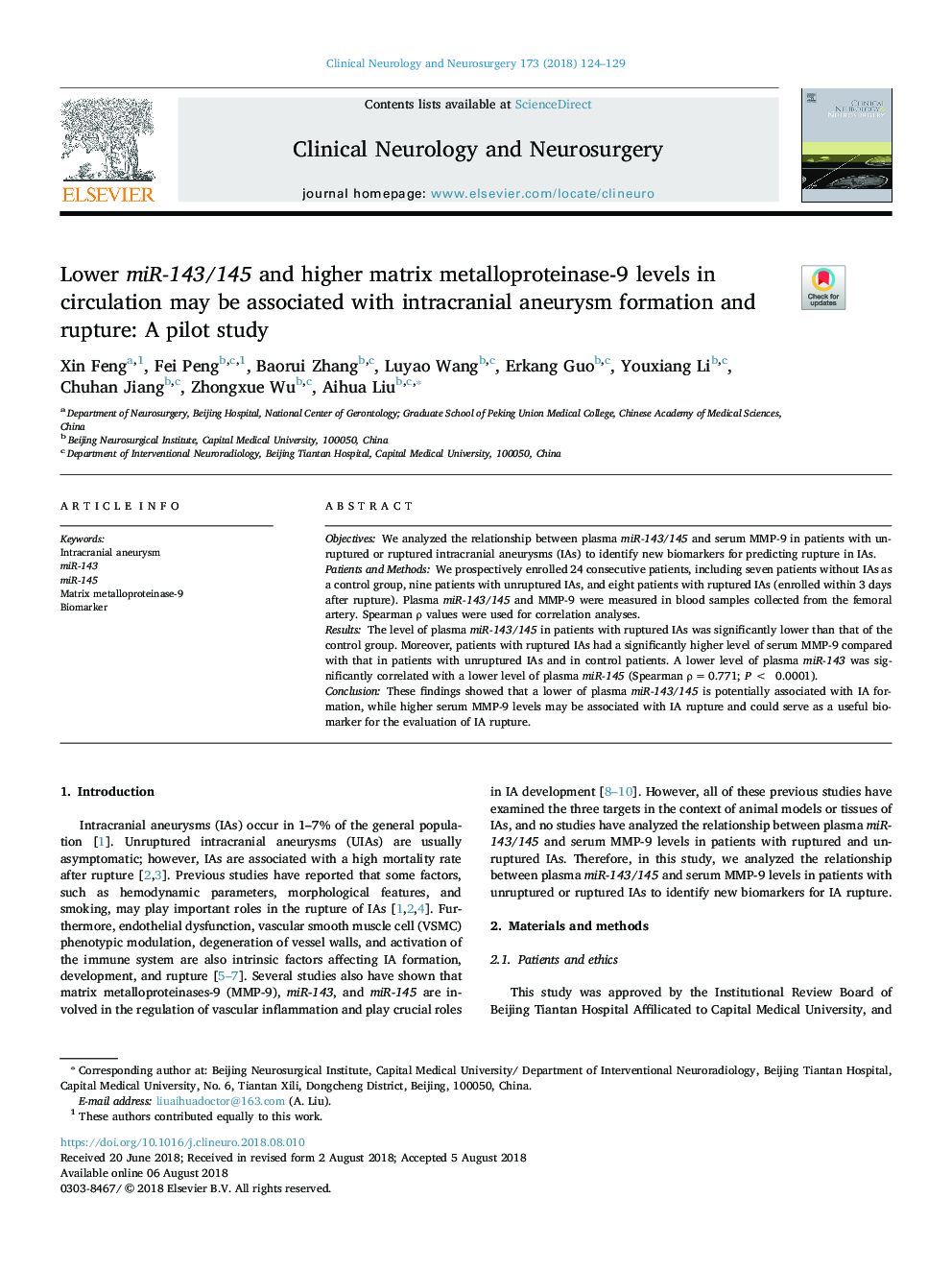 Lower miR-143/145 and higher matrix metalloproteinase-9 levels in circulation may be associated with intracranial aneurysm formation and rupture: A pilot study