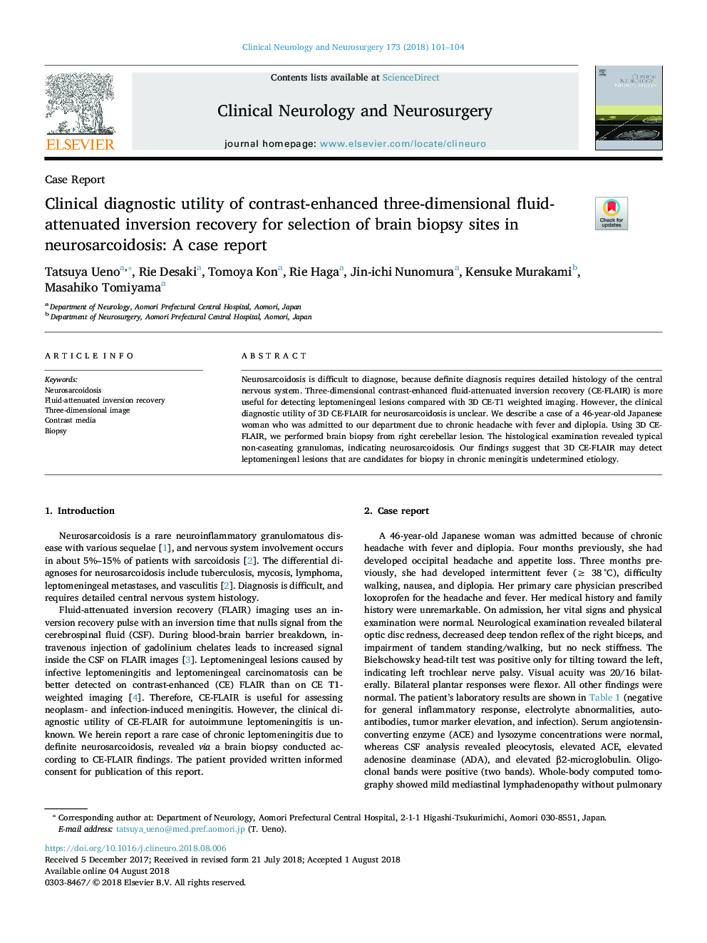 Clinical diagnostic utility of contrast-enhanced three-dimensional fluid-attenuated inversion recovery for selection of brain biopsy sites in neurosarcoidosis: A case report