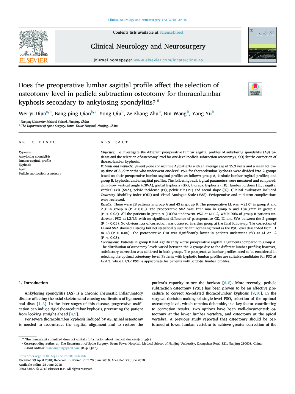 Does the preoperative lumbar sagittal profile affect the selection of osteotomy level in pedicle subtraction osteotomy for thoracolumbar kyphosis secondary to ankylosing spondylitis?