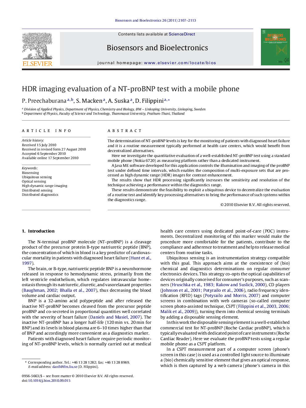 عکس صفحه اول مقاله: HDR imaging evaluation of a NT-proBNP test with a mobile phone HDR imaging evaluation of a NT-proBNP test with a mobile phone