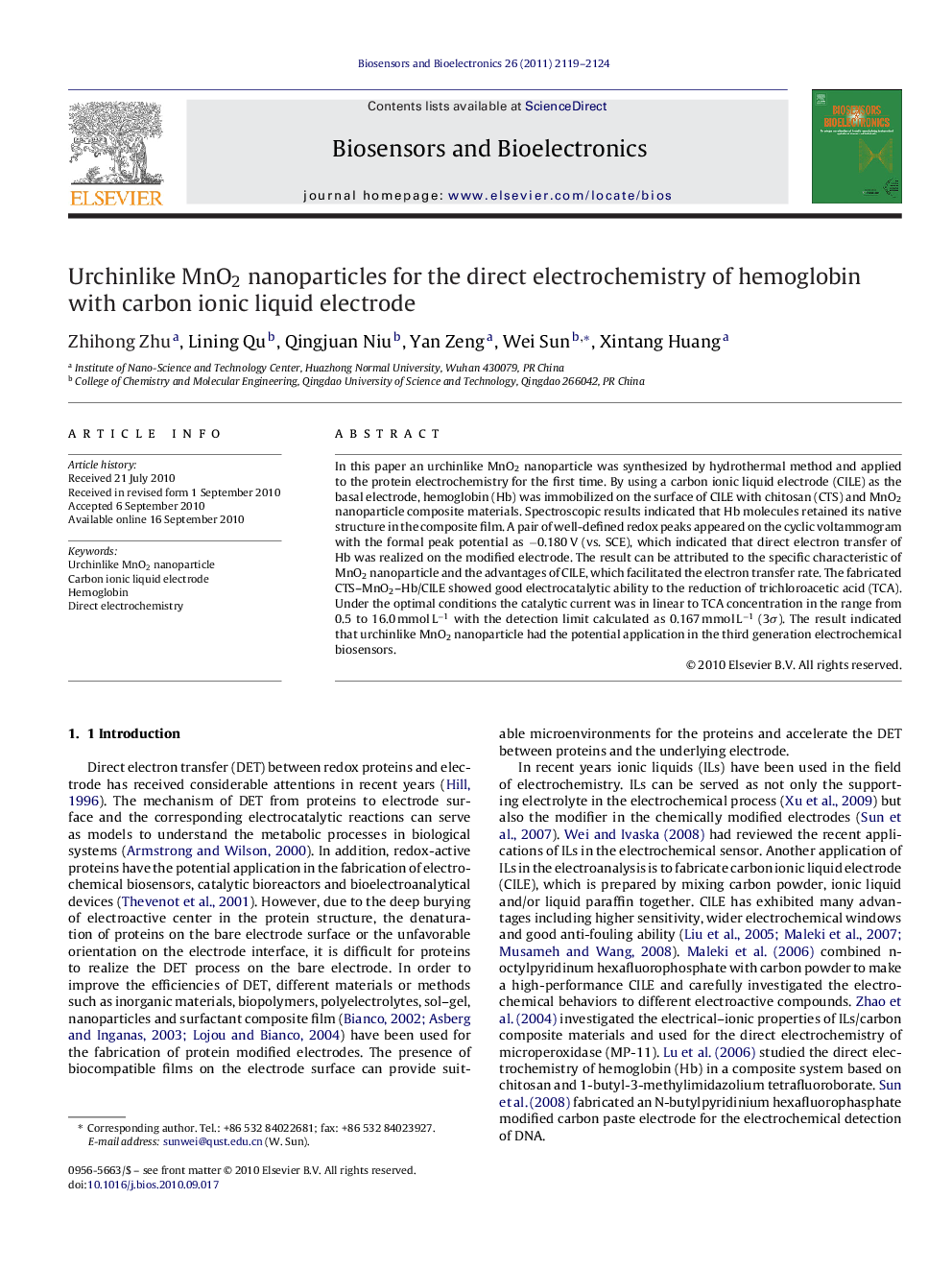 Urchinlike MnO2 nanoparticles for the direct electrochemistry of hemoglobin with carbon ionic liquid electrode