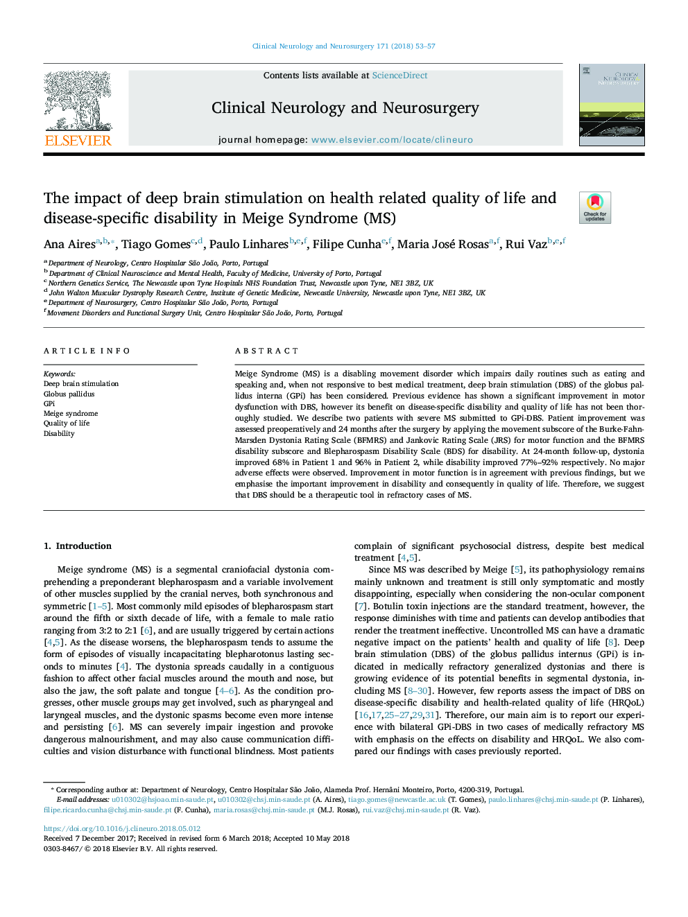 The impact of deep brain stimulation on health related quality of life and disease-specific disability in Meige Syndrome (MS)