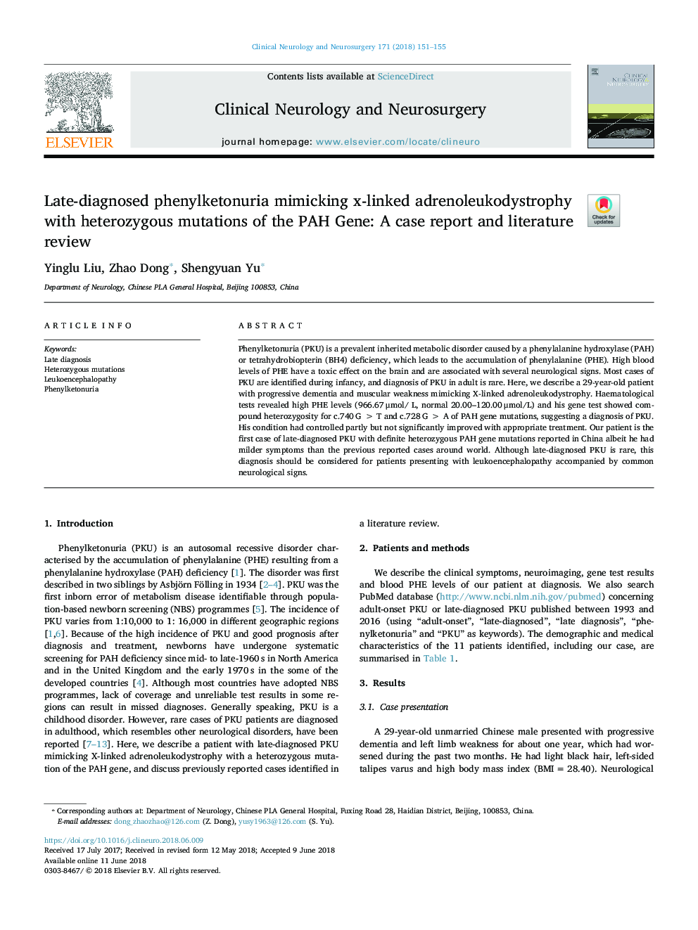 Late-diagnosed phenylketonuria mimicking x-linked adrenoleukodystrophy with heterozygous mutations of the PAH Gene: A case report and literature review