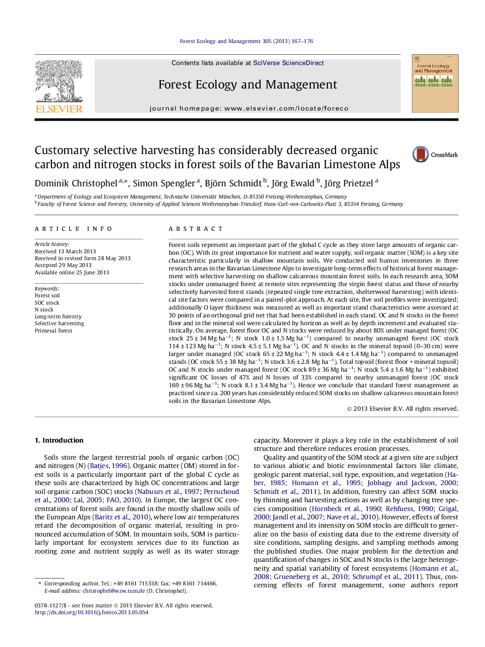 Customary selective harvesting has considerably decreased organic carbon and nitrogen stocks in forest soils of the Bavarian Limestone Alps