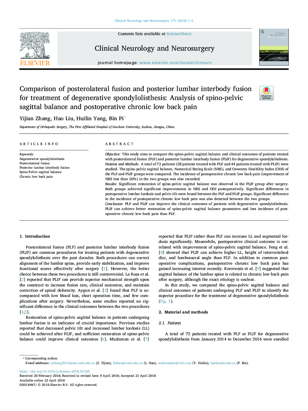 Comparison of posterolateral fusion and posterior lumbar interbody fusion for treatment of degenerative spondylolisthesis: Analysis of spino-pelvic sagittal balance and postoperative chronic low back pain