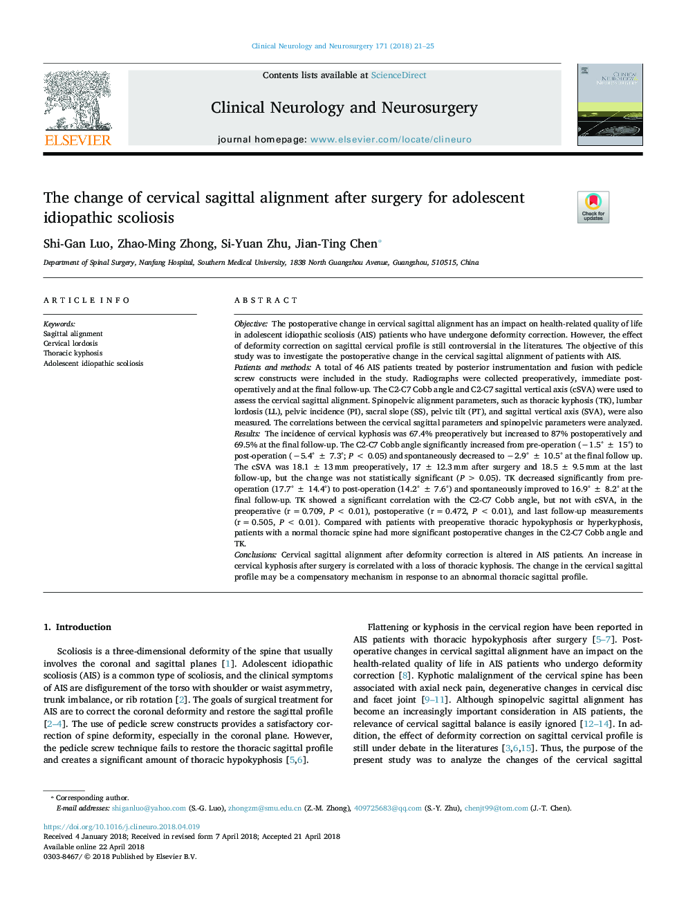 The change of cervical sagittal alignment after surgery for adolescent idiopathic scoliosis