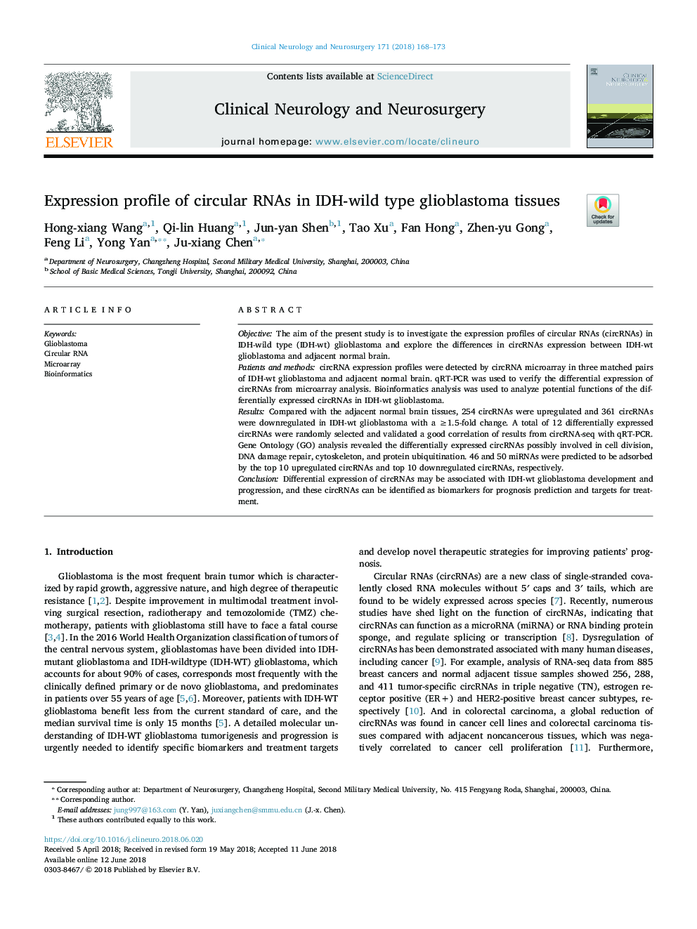 Expression profile of circular RNAs in IDH-wild type glioblastoma tissues