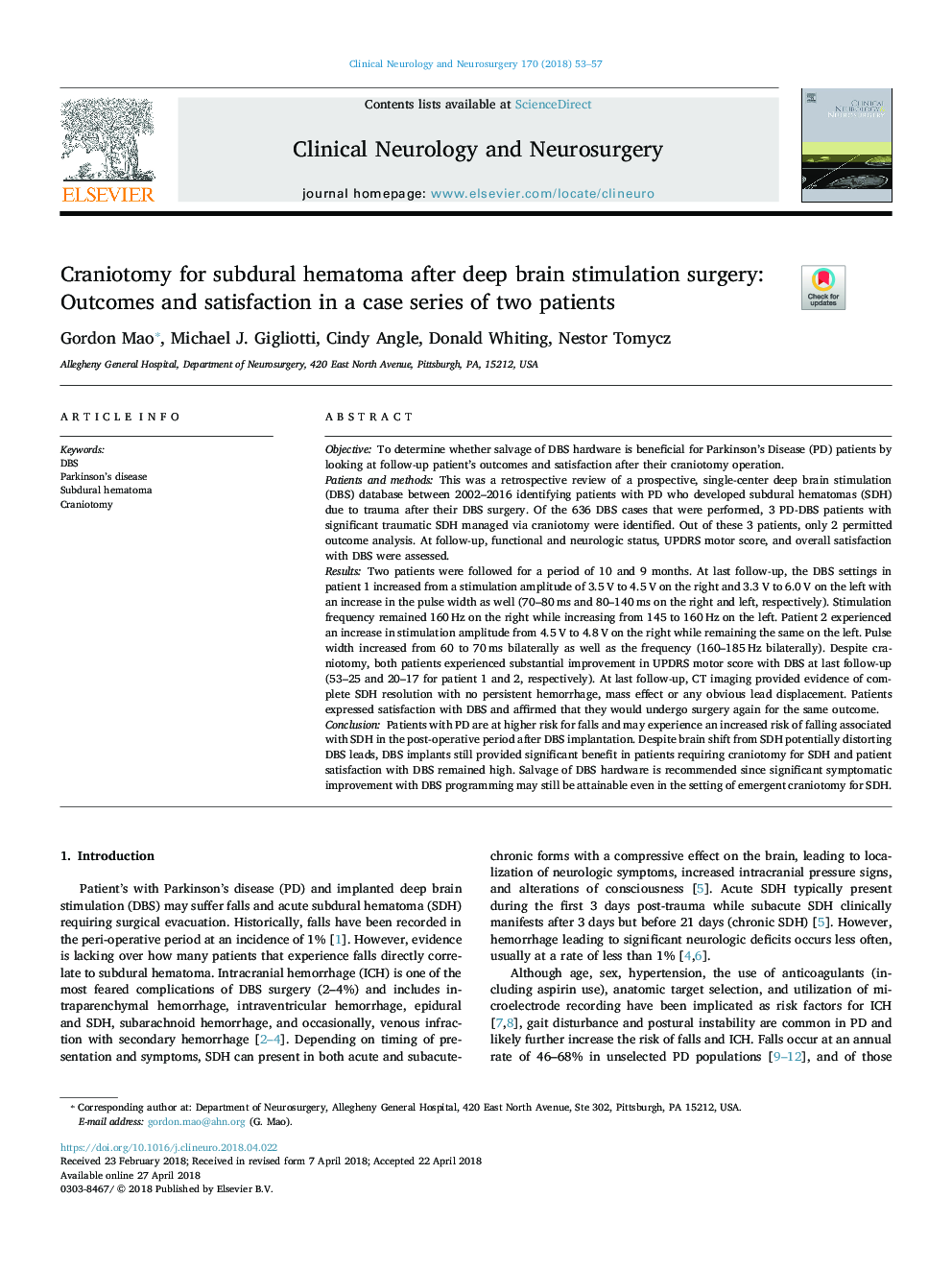 Craniotomy for subdural hematoma after deep brain stimulation surgery: Outcomes and satisfaction in a case series of two patients