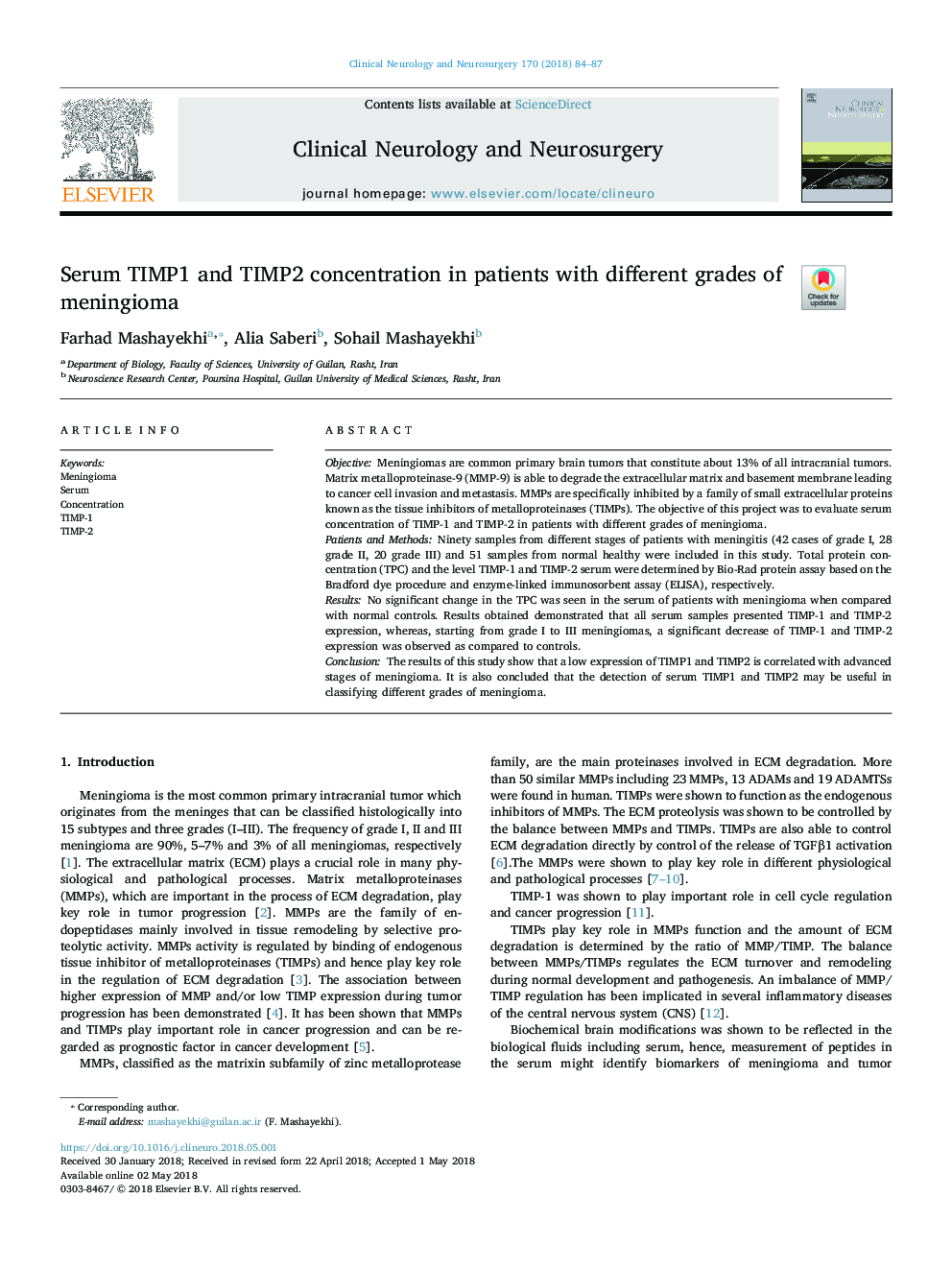 Serum TIMP1 and TIMP2 concentration in patients with different grades of meningioma