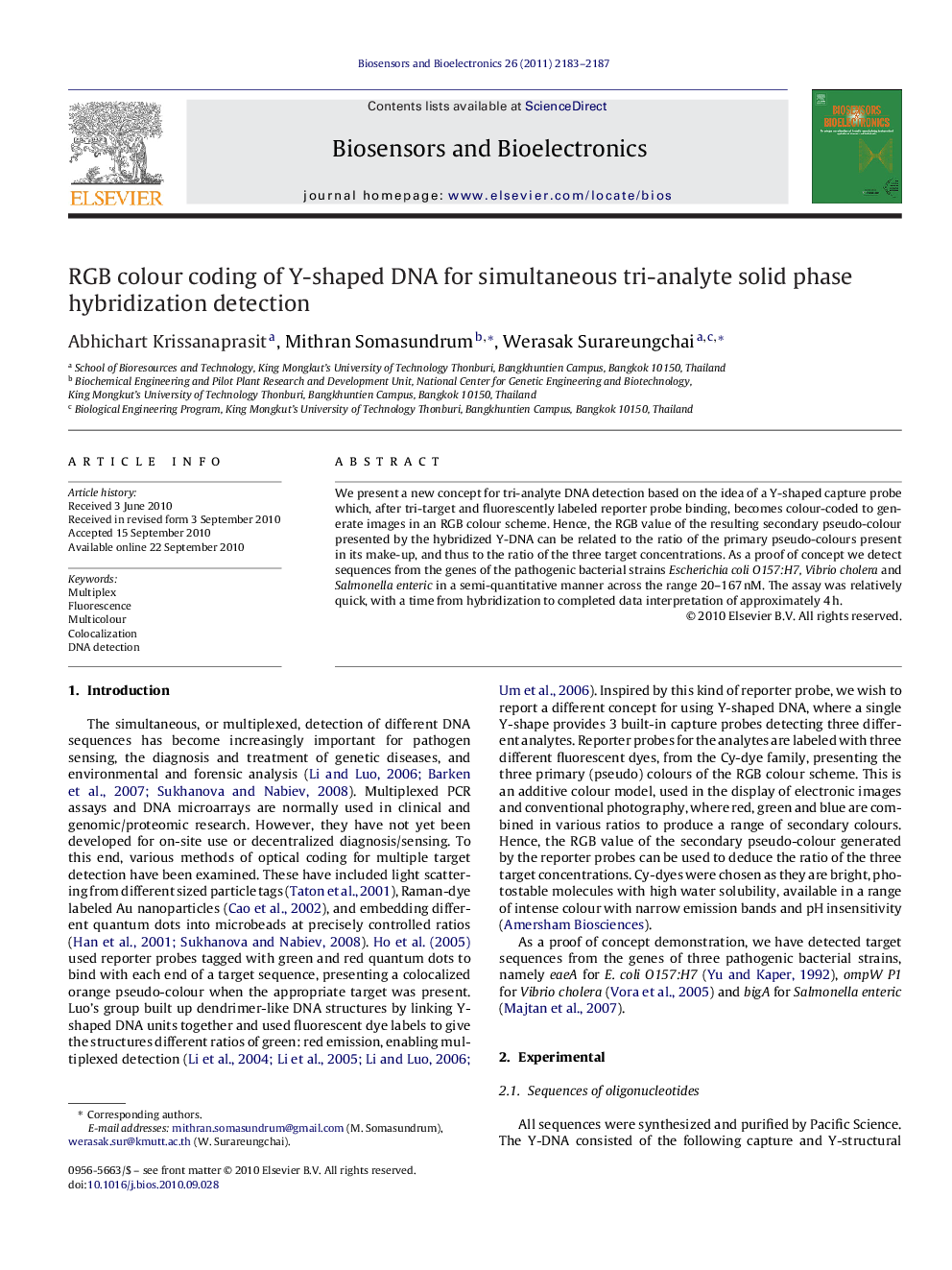 RGB colour coding of Y-shaped DNA for simultaneous tri-analyte solid phase hybridization detection