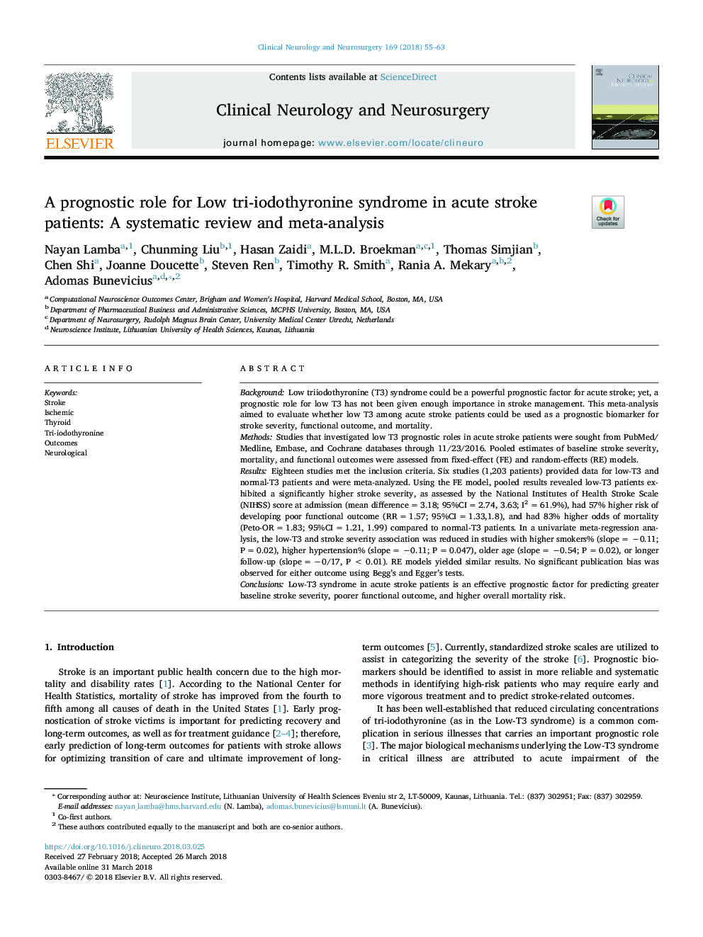 A prognostic role for Low tri-iodothyronine syndrome in acute stroke patients: A systematic review and meta-analysis