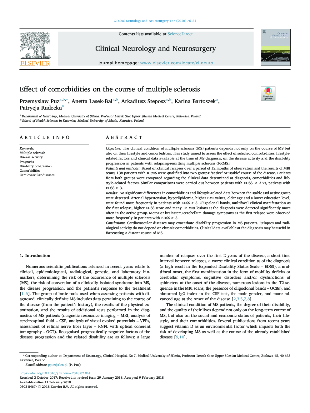 Effect of comorbidities on the course of multiple sclerosis