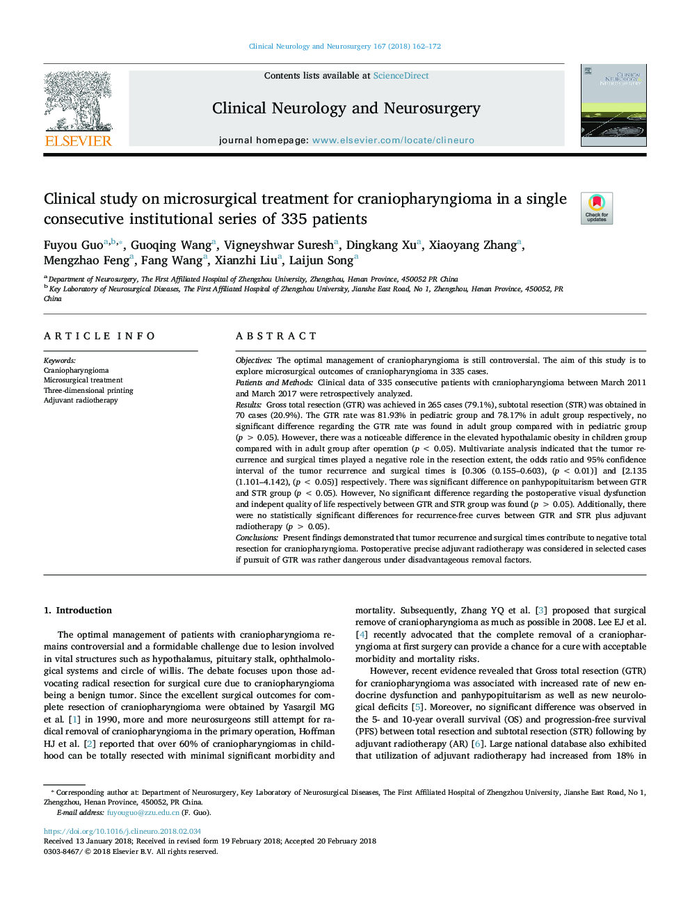 Clinical study on microsurgical treatment for craniopharyngioma in a single consecutive institutional series of 335 patients