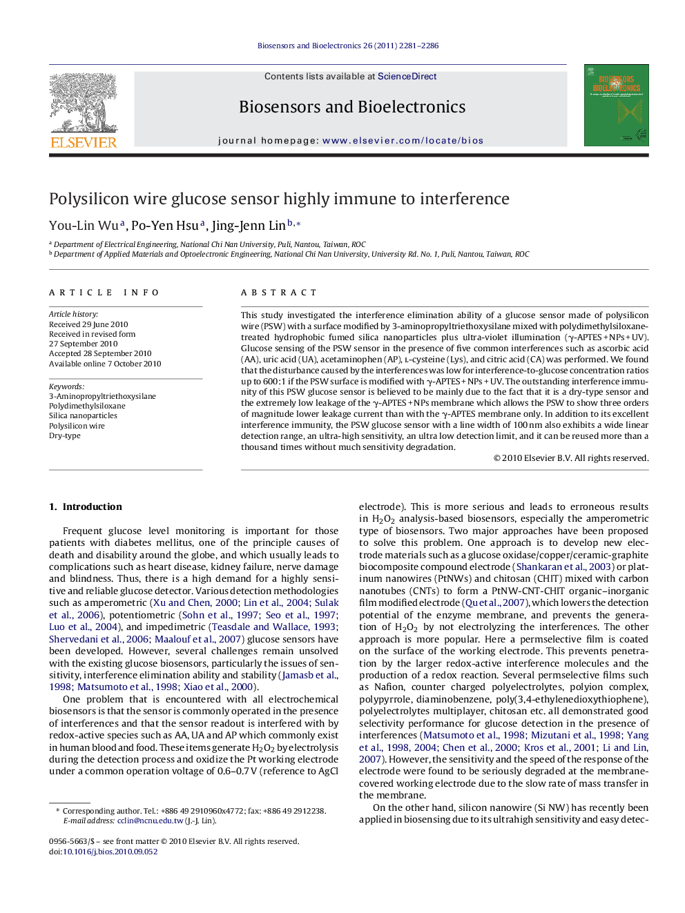 Polysilicon wire glucose sensor highly immune to interference