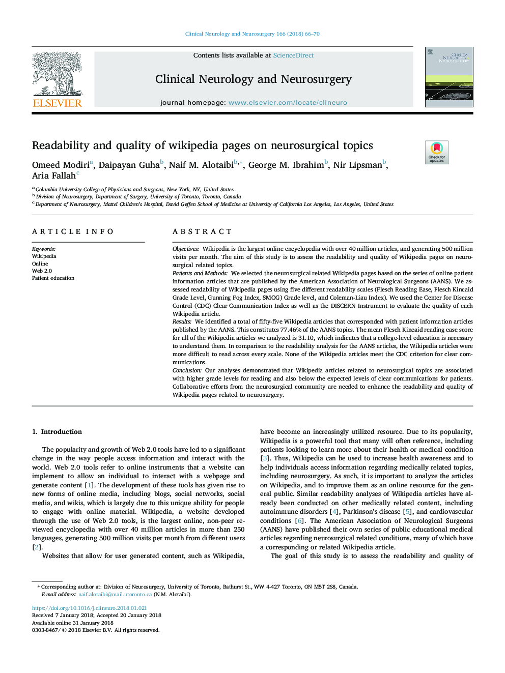 Readability and quality of wikipedia pages on neurosurgical topics