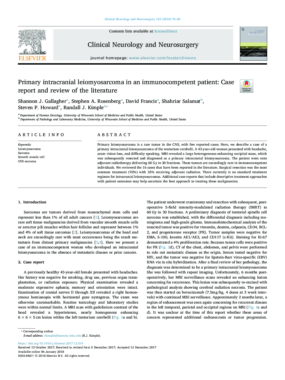 Primary intracranial leiomyosarcoma in an immunocompetent patient: Case report and review of the literature