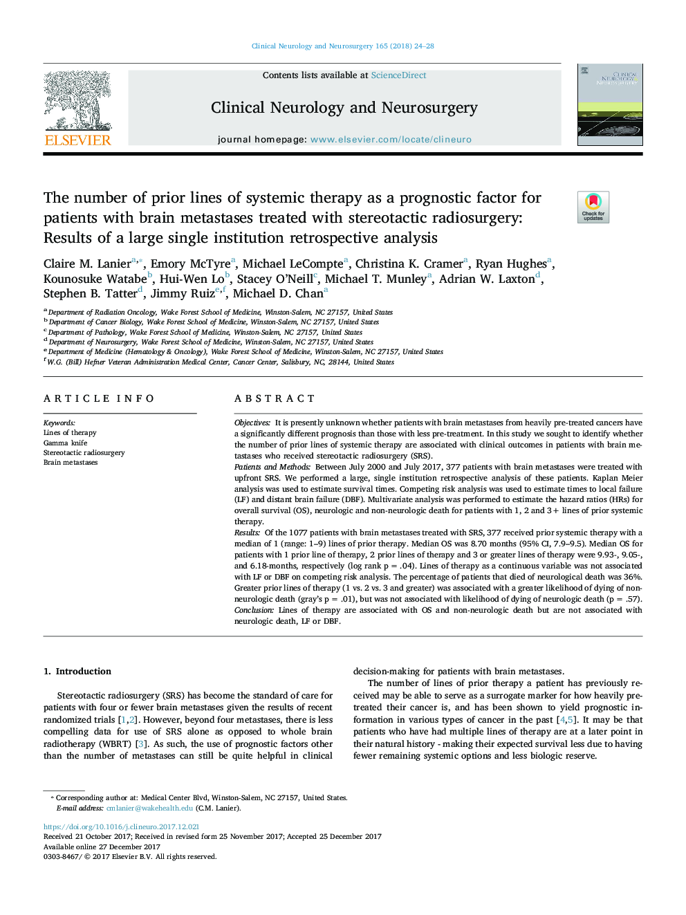 The number of prior lines of systemic therapy as a prognostic factor for patients with brain metastases treated with stereotactic radiosurgery: Results of a large single institution retrospective analysis