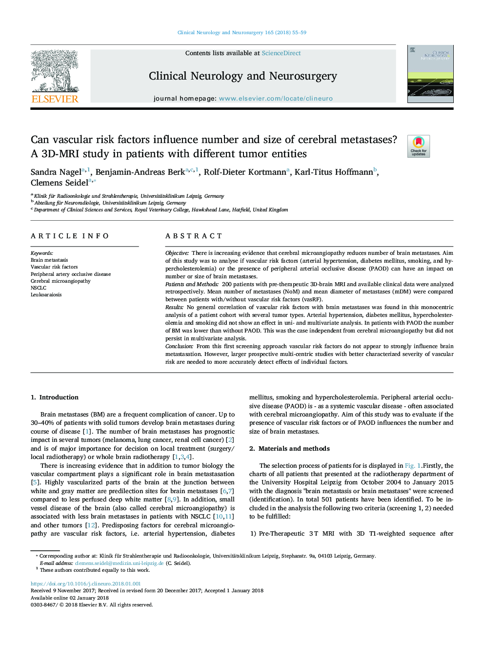 Can vascular risk factors influence number and size of cerebral metastases? A 3D-MRI study in patients with different tumor entities