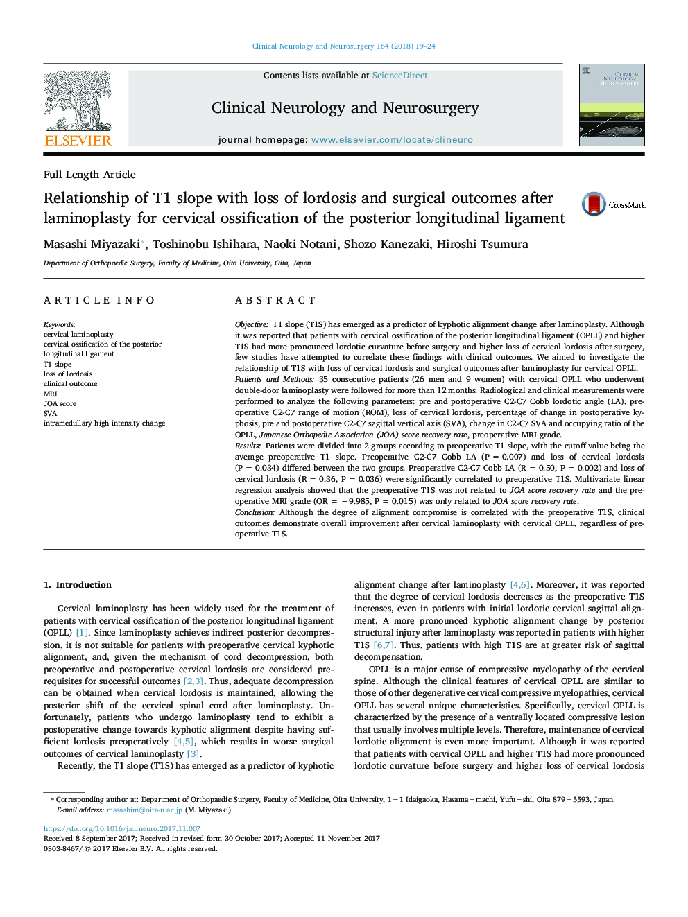 Relationship of T1 slope with loss of lordosis and surgical outcomes after laminoplasty for cervical ossification of the posterior longitudinal ligament