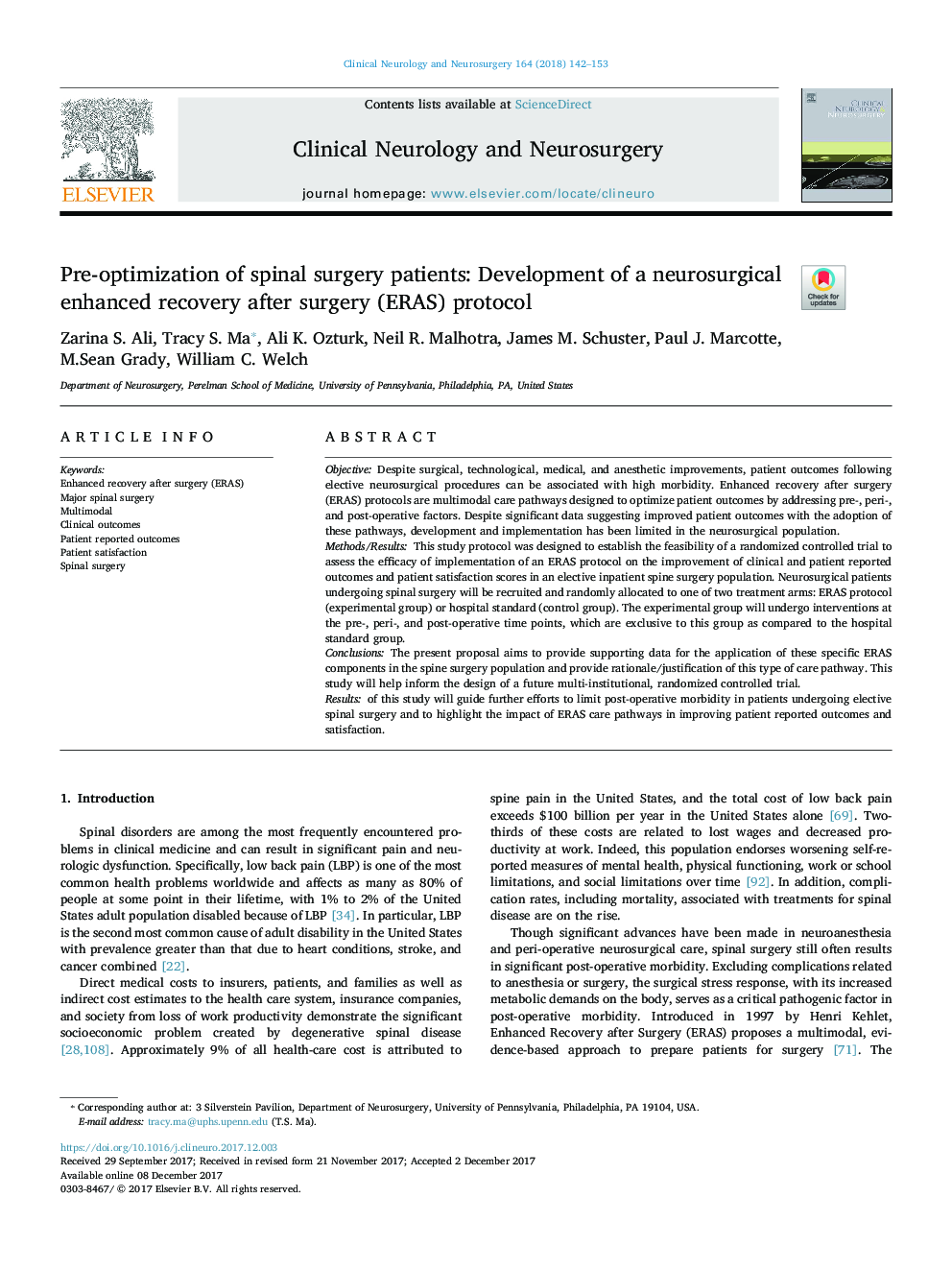 Pre-optimization of spinal surgery patients: Development of a neurosurgical enhanced recovery after surgery (ERAS) protocol