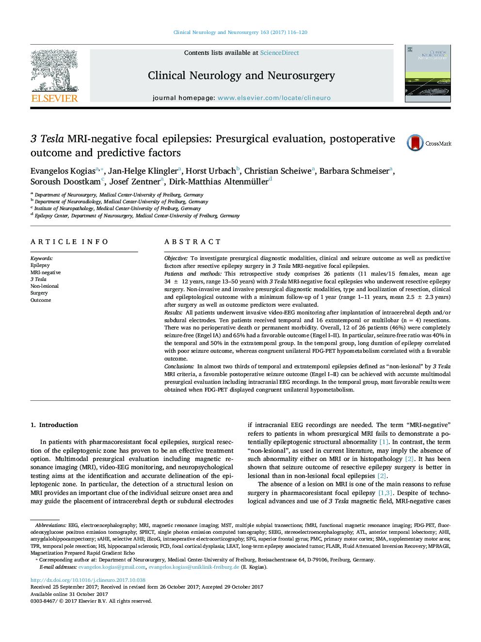 3 Tesla MRI-negative focal epilepsies: Presurgical evaluation, postoperative outcome and predictive factors