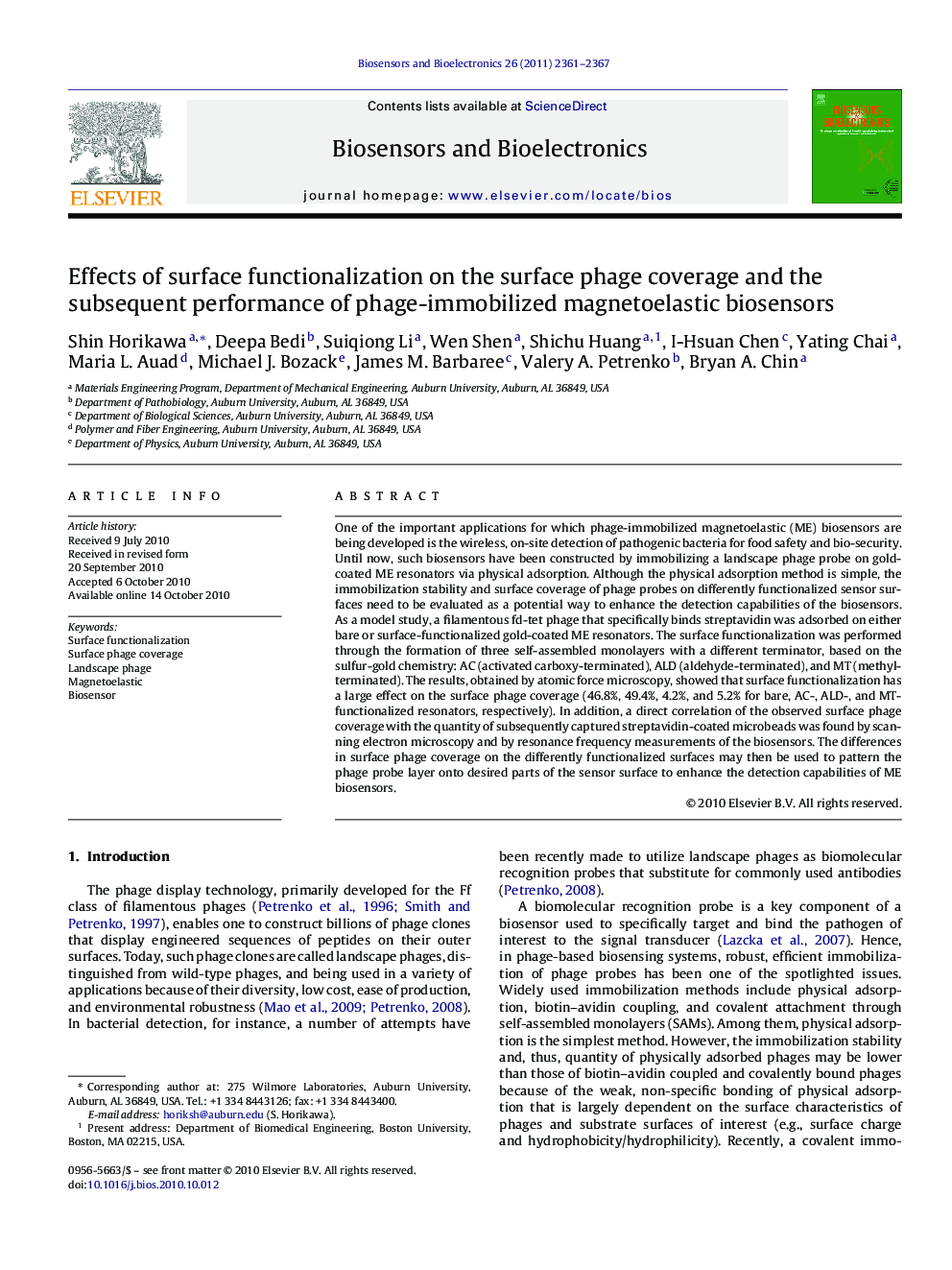 Effects of surface functionalization on the surface phage coverage and the subsequent performance of phage-immobilized magnetoelastic biosensors