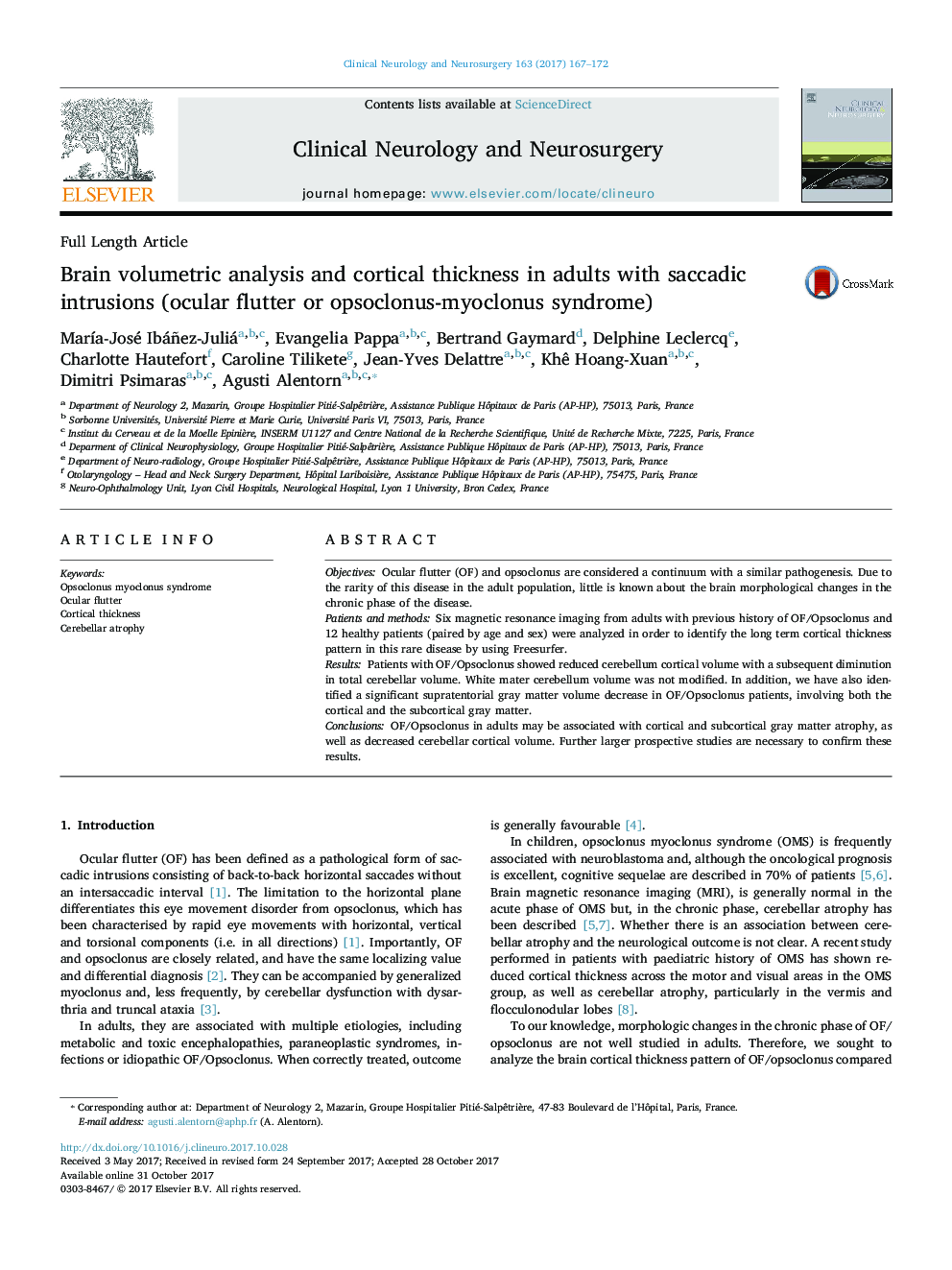 Brain volumetric analysis and cortical thickness in adults with saccadic intrusions (ocular flutter or opsoclonus-myoclonus syndrome)