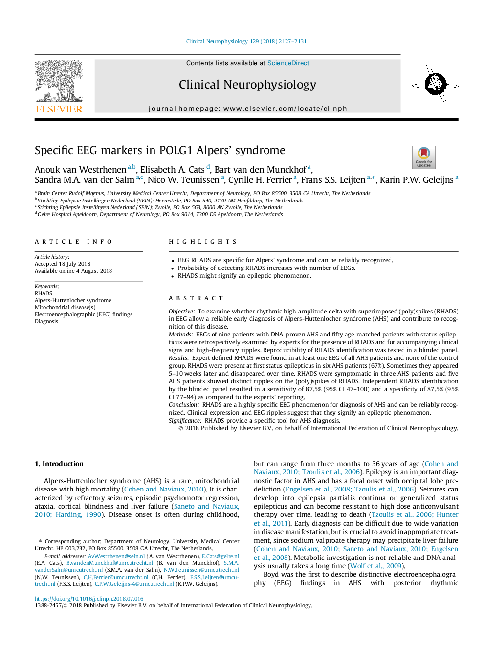 Specific EEG markers in POLG1 Alpers' syndrome