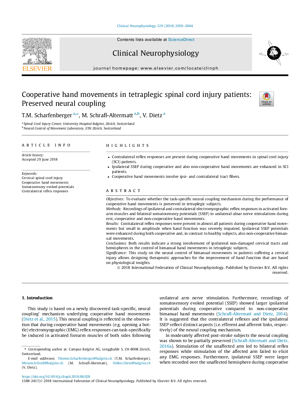 Cooperative hand movements in tetraplegic spinal cord injury patients: Preserved neural coupling