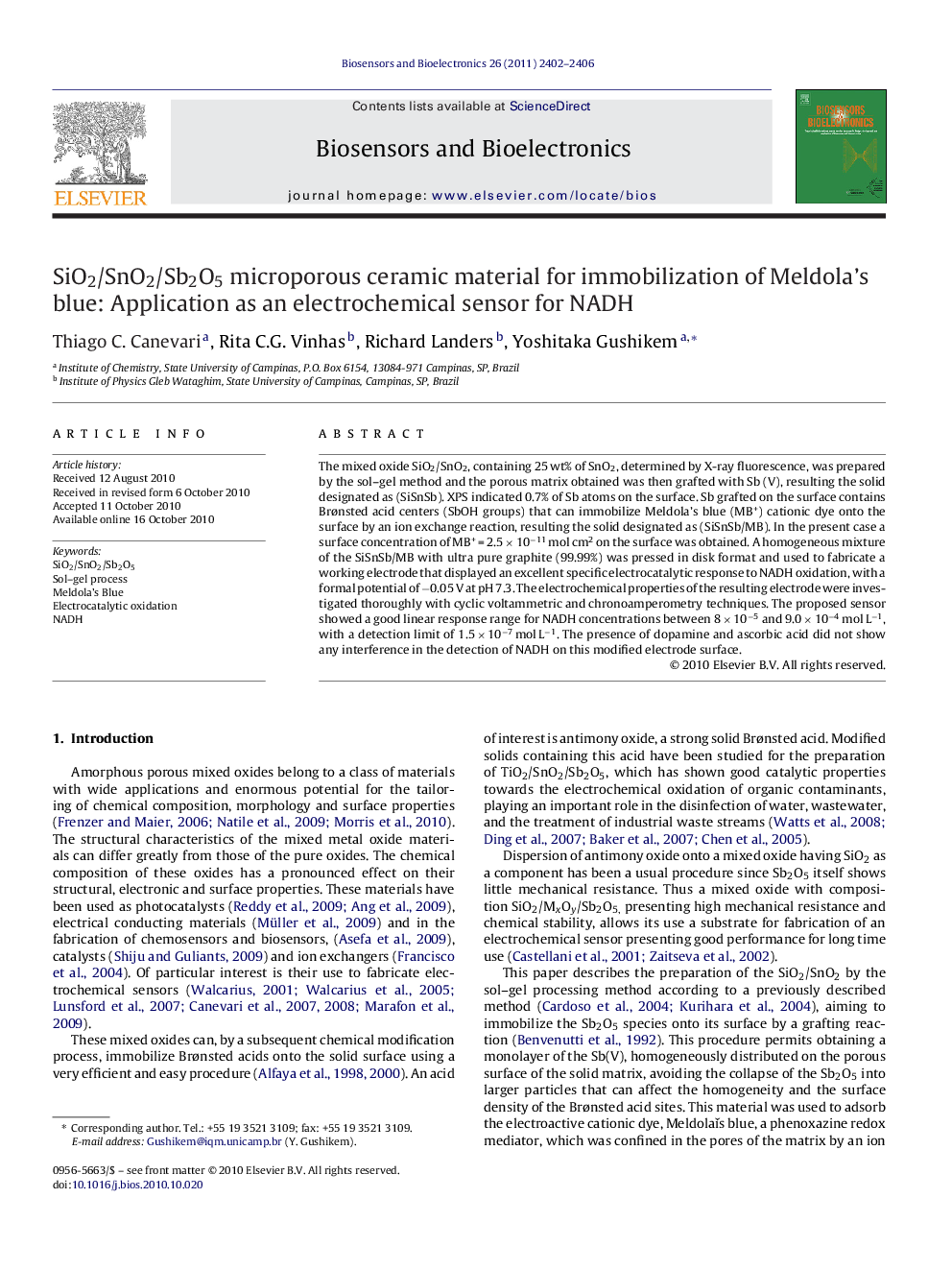 SiO2/SnO2/Sb2O5 microporous ceramic material for immobilization of Meldola's blue: Application as an electrochemical sensor for NADH