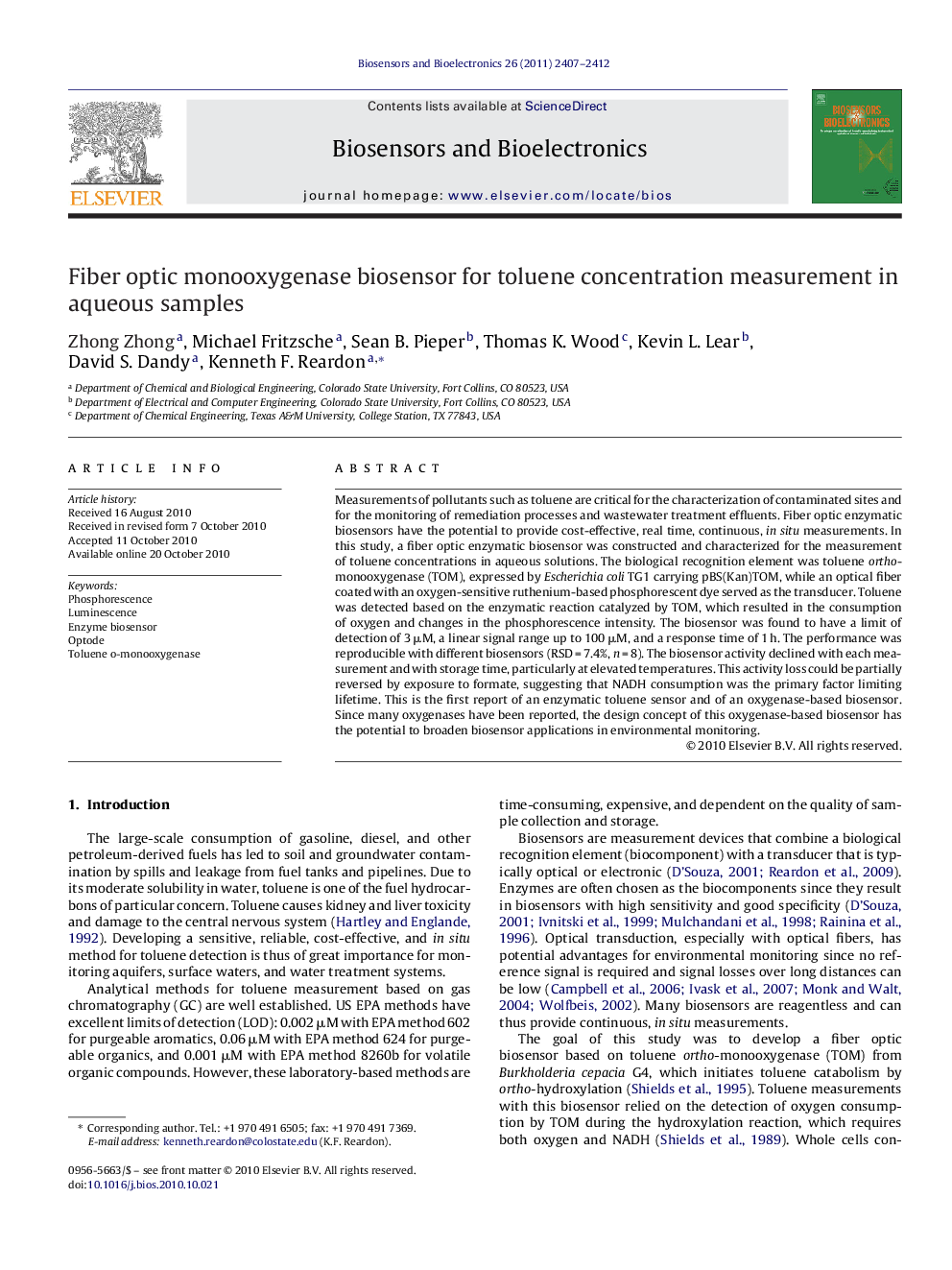 Fiber optic monooxygenase biosensor for toluene concentration measurement in aqueous samples