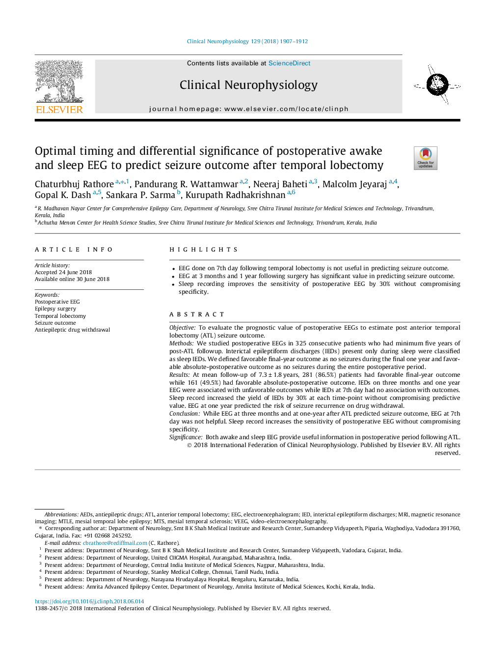 Optimal timing and differential significance of postoperative awake and sleep EEG to predict seizure outcome after temporal lobectomy