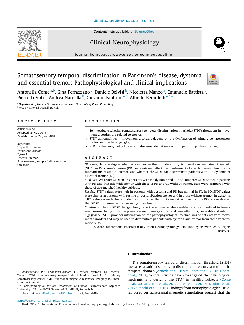 Somatosensory temporal discrimination in Parkinson's disease, dystonia and essential tremor: Pathophysiological and clinical implications