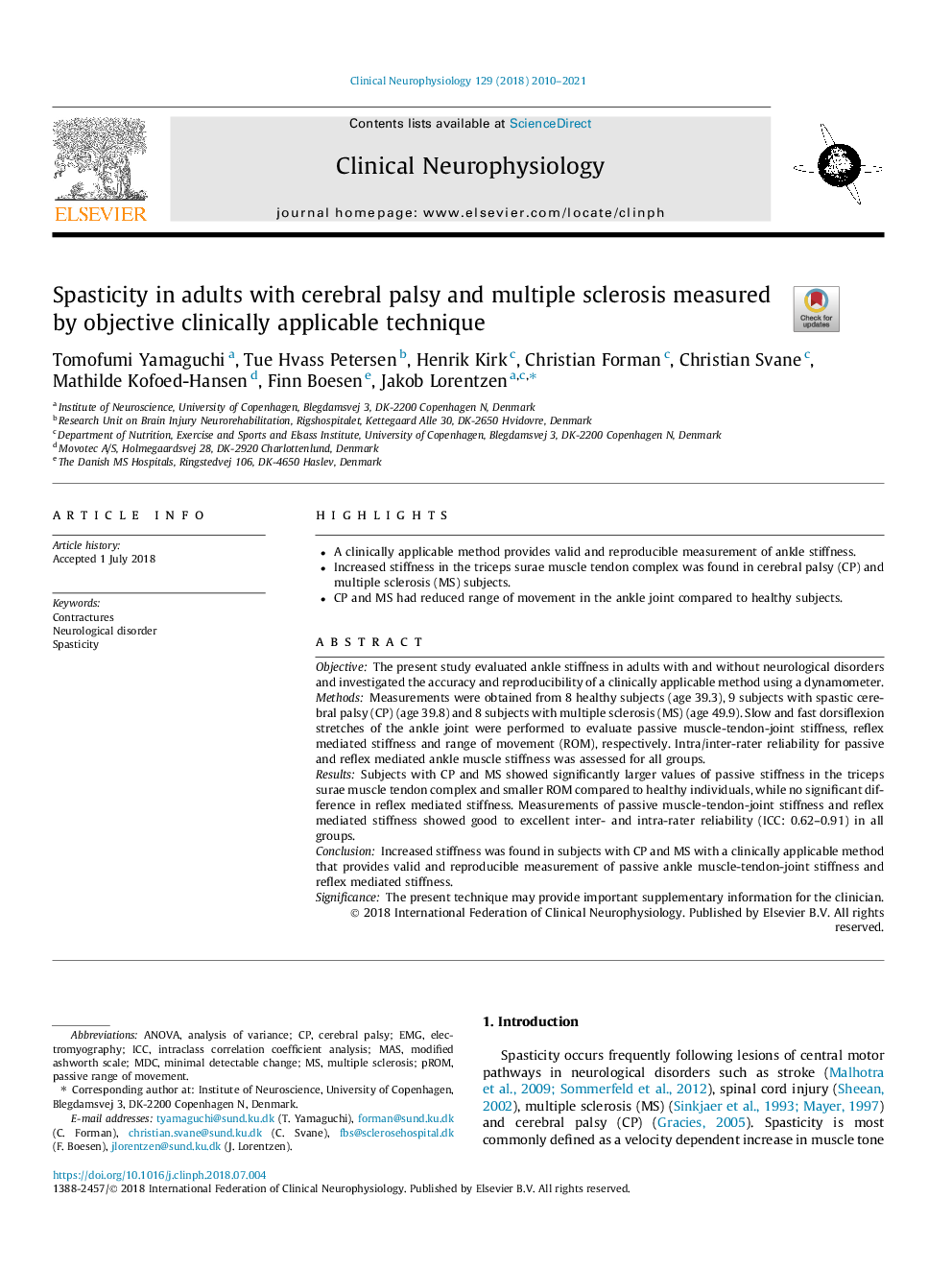 Spasticity in adults with cerebral palsy and multiple sclerosis measured by objective clinically applicable technique