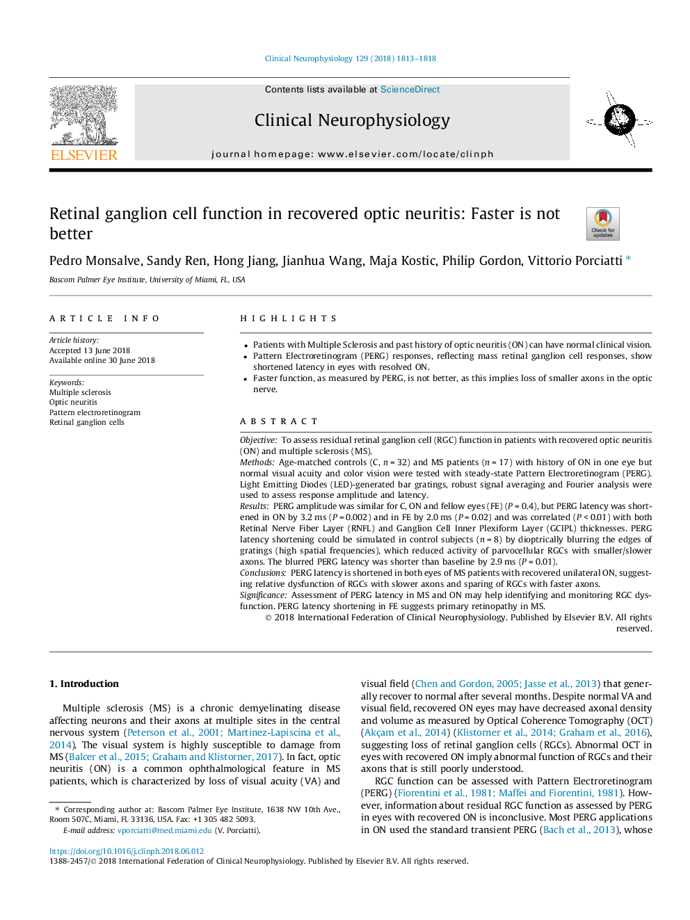 Retinal ganglion cell function in recovered optic neuritis: Faster is not better