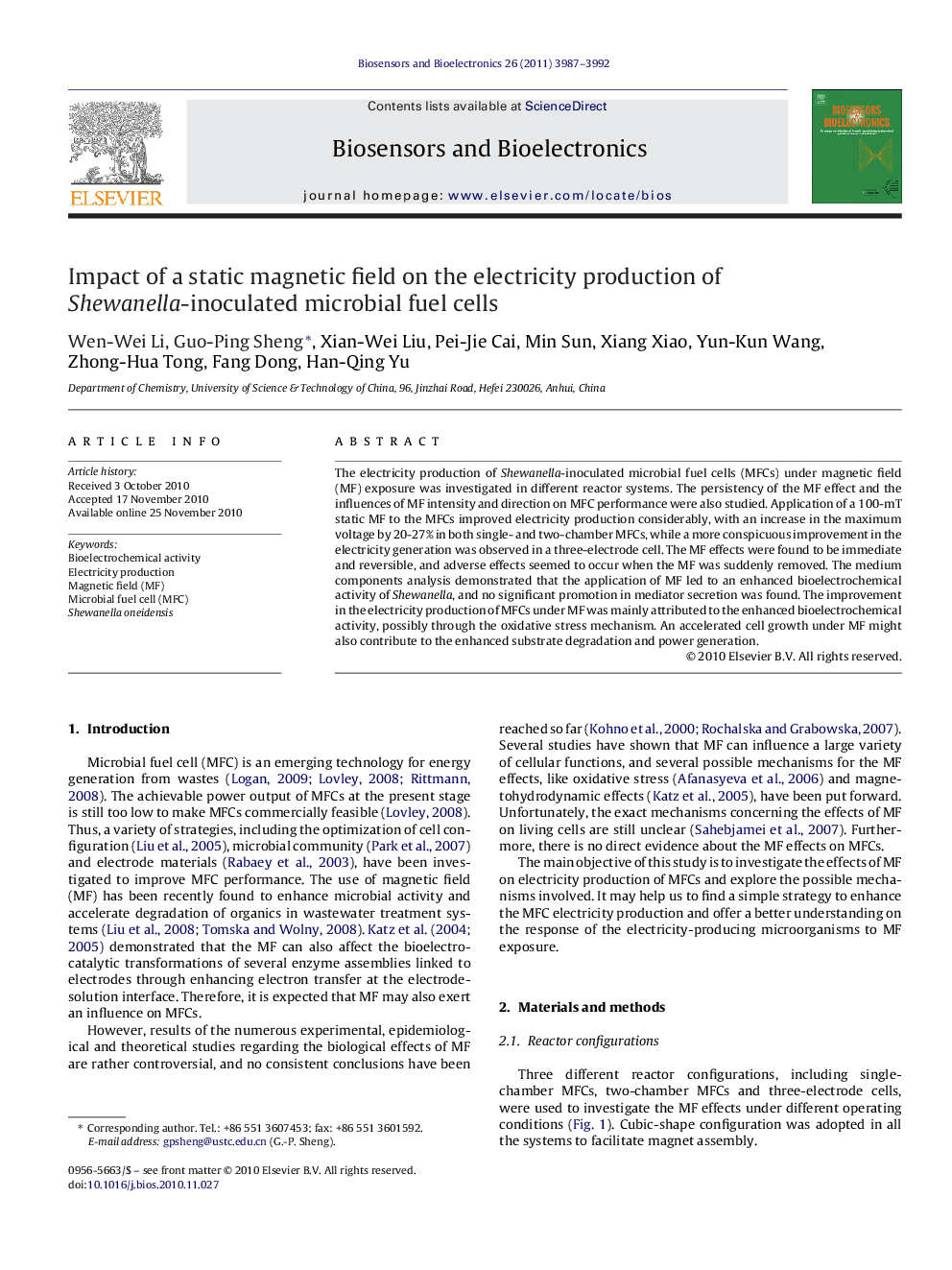 Impact of a static magnetic field on the electricity production of Shewanella-inoculated microbial fuel cells