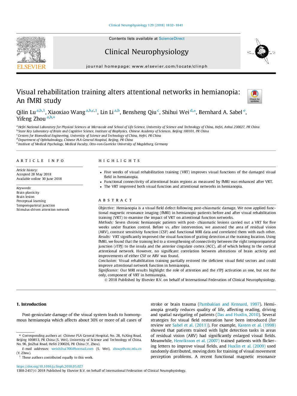 Visual rehabilitation training alters attentional networks in hemianopia: An fMRI study