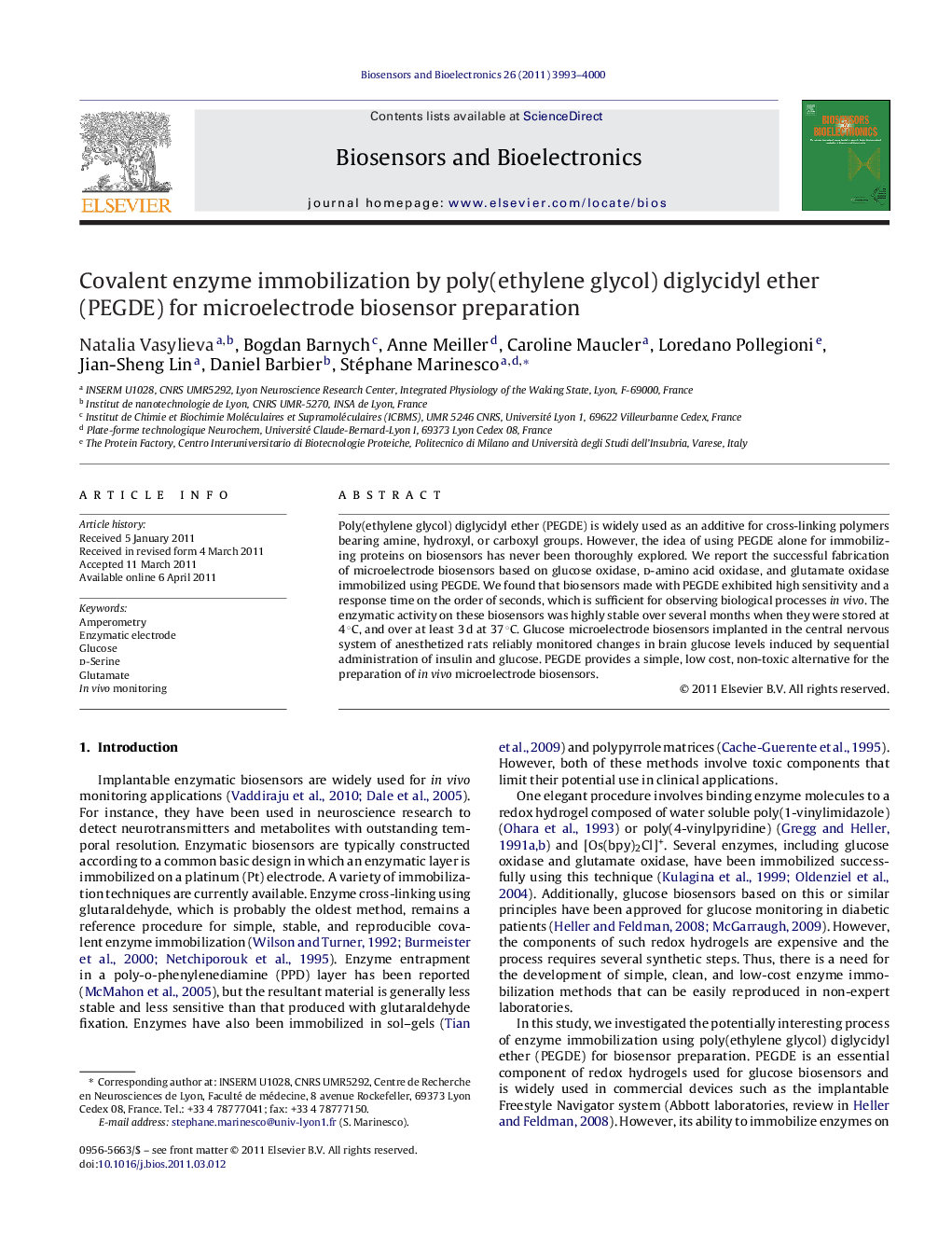 Covalent enzyme immobilization by poly(ethylene glycol) diglycidyl ether (PEGDE) for microelectrode biosensor preparation