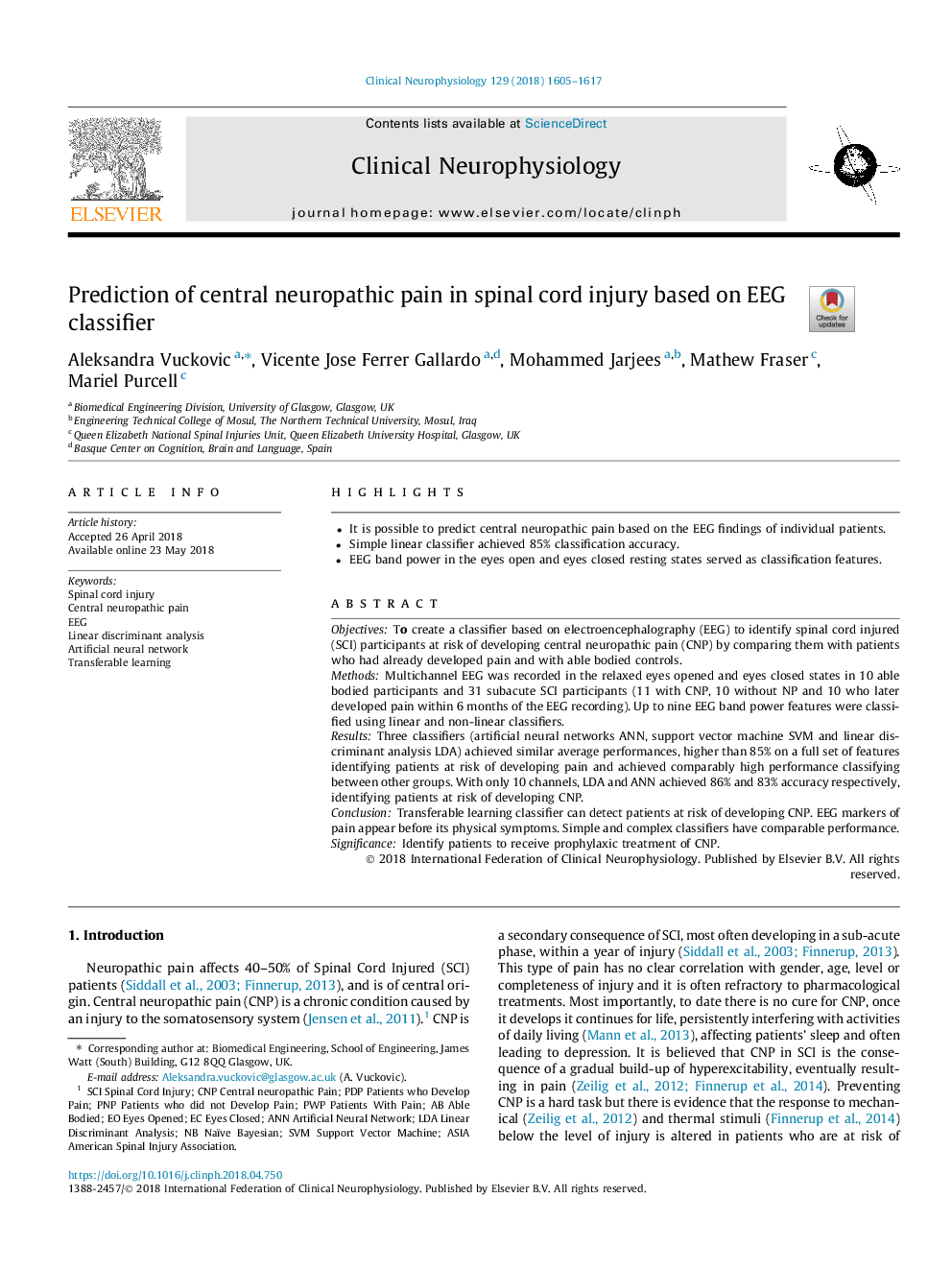 Prediction of central neuropathic pain in spinal cord injury based on EEG classifier